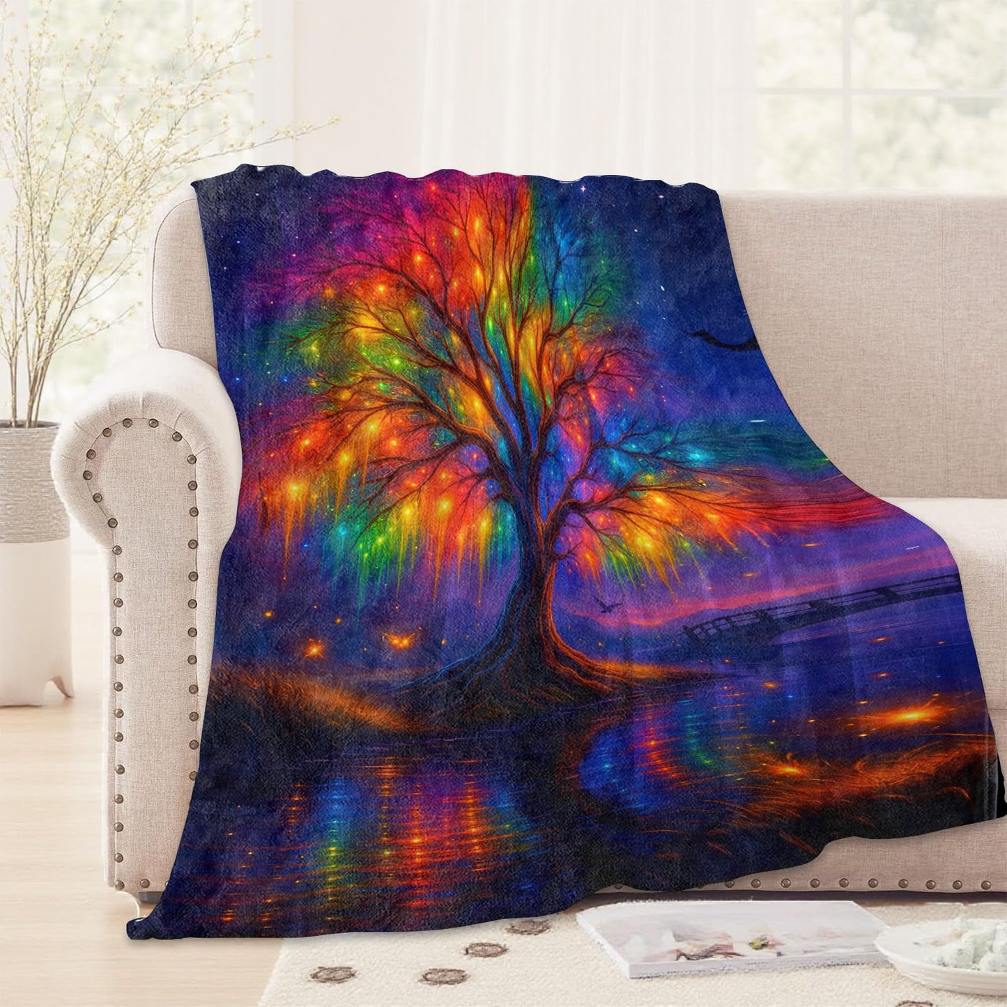 WKEDIN Rainbow Fantasy Tree of Life Blanket,50x60in,Cozy Flannel Throw with Glowing Fantasy Night Scene Design,Soft Lightweight Gifts Blankets for Women,Sofa Bed Travel Enchanted Decor