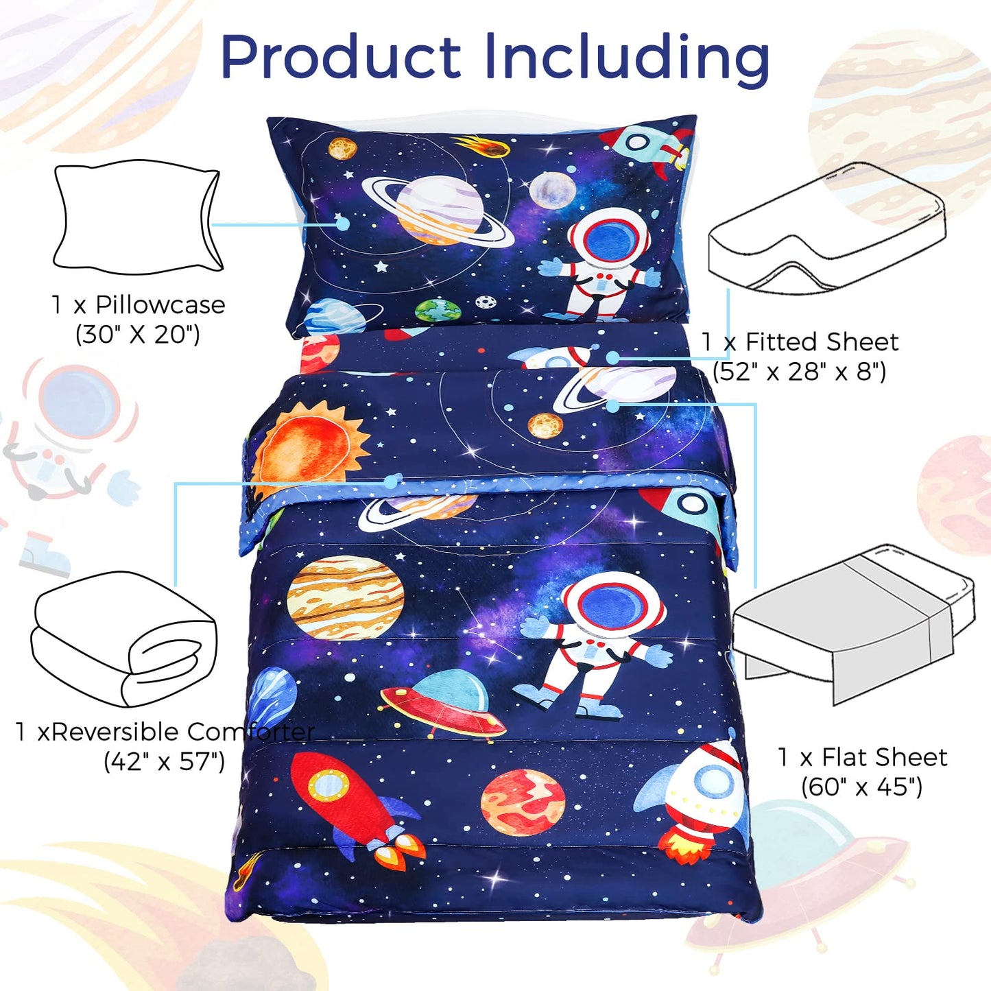 SWESEN Toddler Bedding Set for Boys, Blue Space Toddler Boy Bedding Set, Soft & Lightweight 4 Piece Toddler Comforter Sets Include Comforter, Flat Sheet, Fitted Sheet, Pillowcase