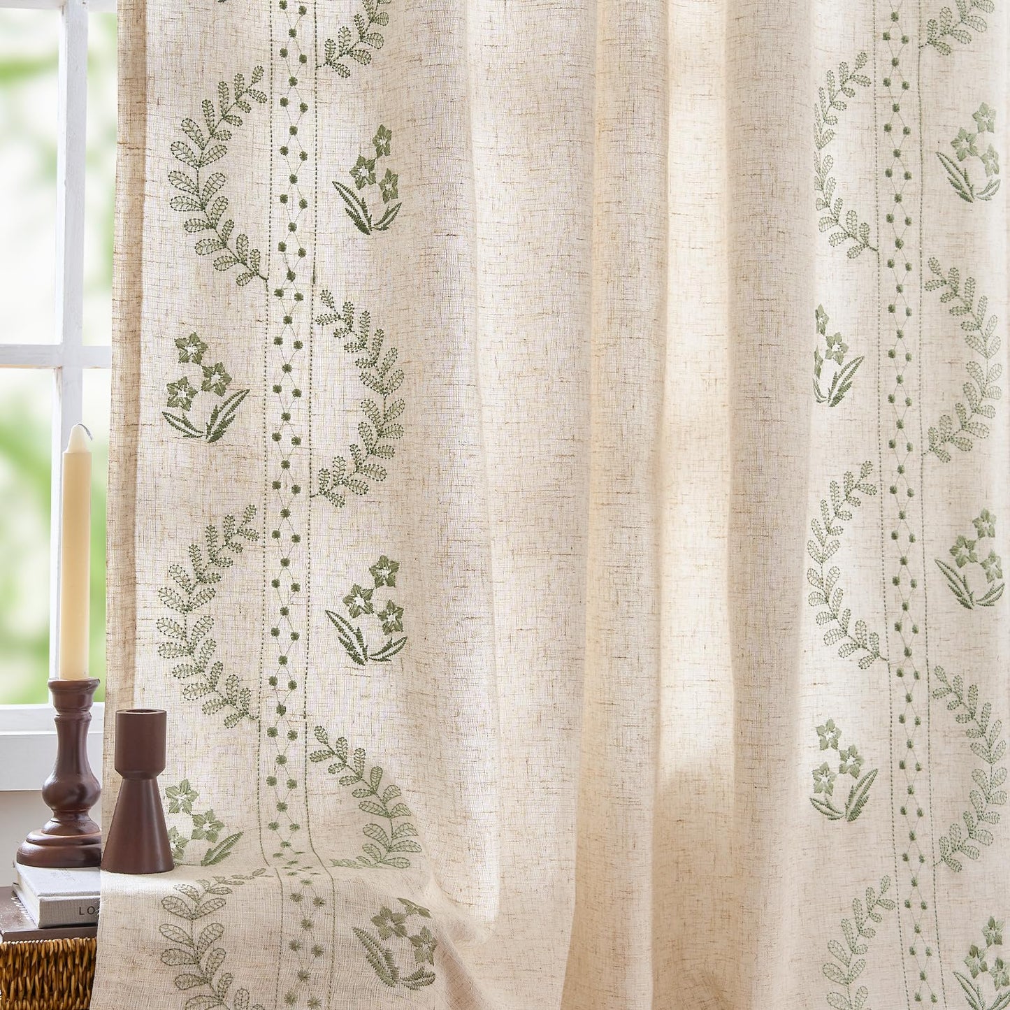 jinchan Belrose Lined Linen Blend Curtains Floral Curtains for Bedroom 96 Inch Length Sage Green Embroidered Drapes Rod Pocket Farmhouse Flower Drapes for Living Room Window Treatments Set 2 Panels