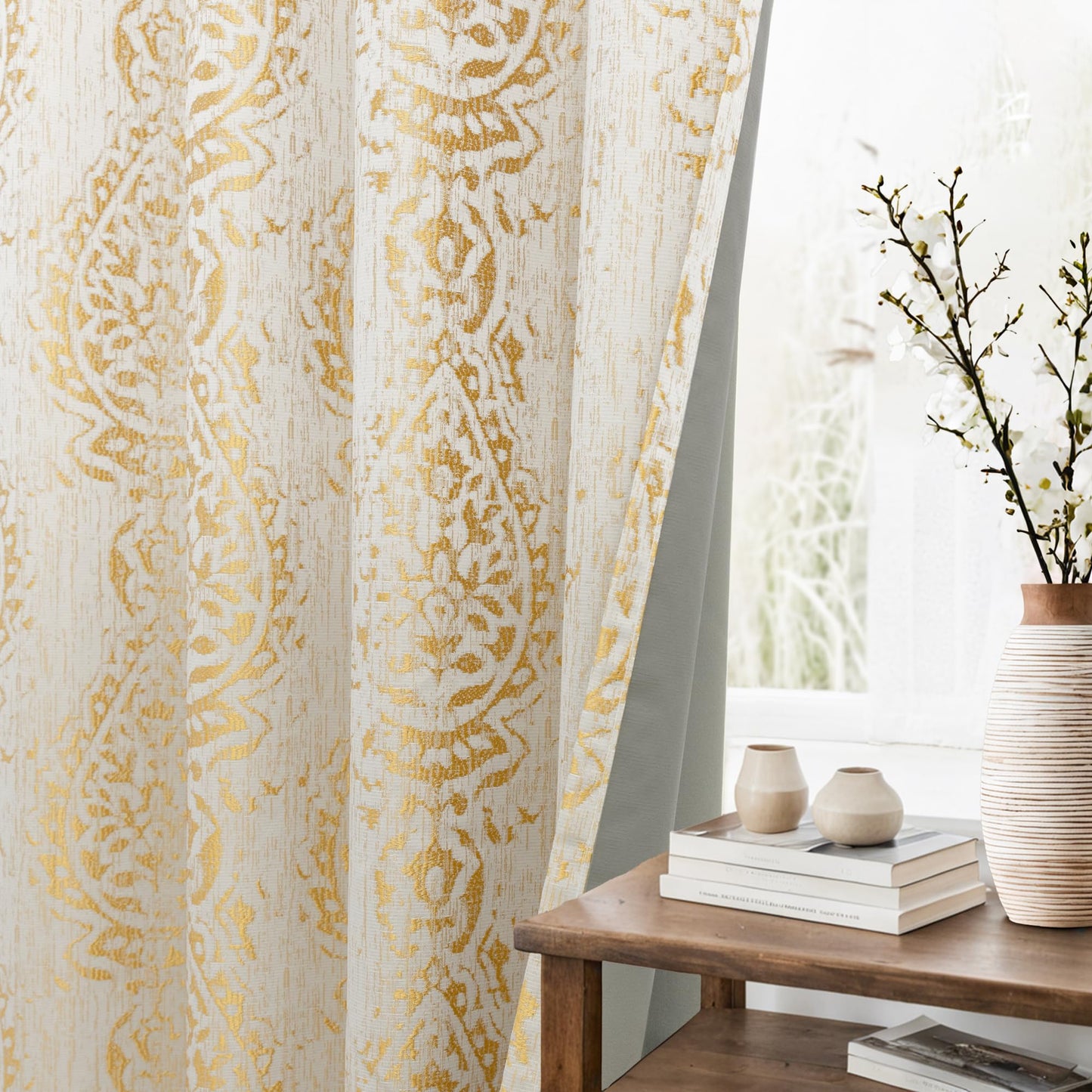 KOUFALL Gold Patterned Elegant Curtains for Living Room, Blackout Damask Pattern Luxury Modern Design Contemporary Curtains for Bedroom, Wide 52 x 84 Inches Long, 2 Panels Set