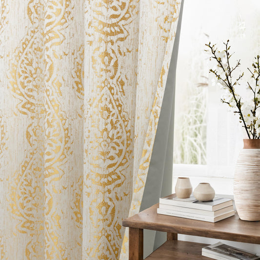 KOUFALL Gold Patterned Elegant Curtains for Living Room, Blackout Damask Pattern Luxury Modern Design Contemporary Curtains for Bedroom, Wide 52 x 84 Inches Long, 2 Panels Set