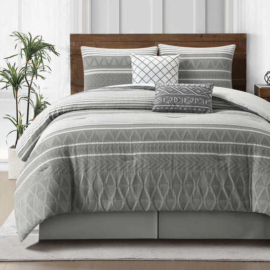 LANCO MODERN LIFESTYLE Cotton Comforter Set Queen, Gorgeous Geometric Jacquard, Grey Soft Lightweight Bedding Set for All Seasons, 6 Pieces with Bedskirt, Pillow Shams and Decor Pillows