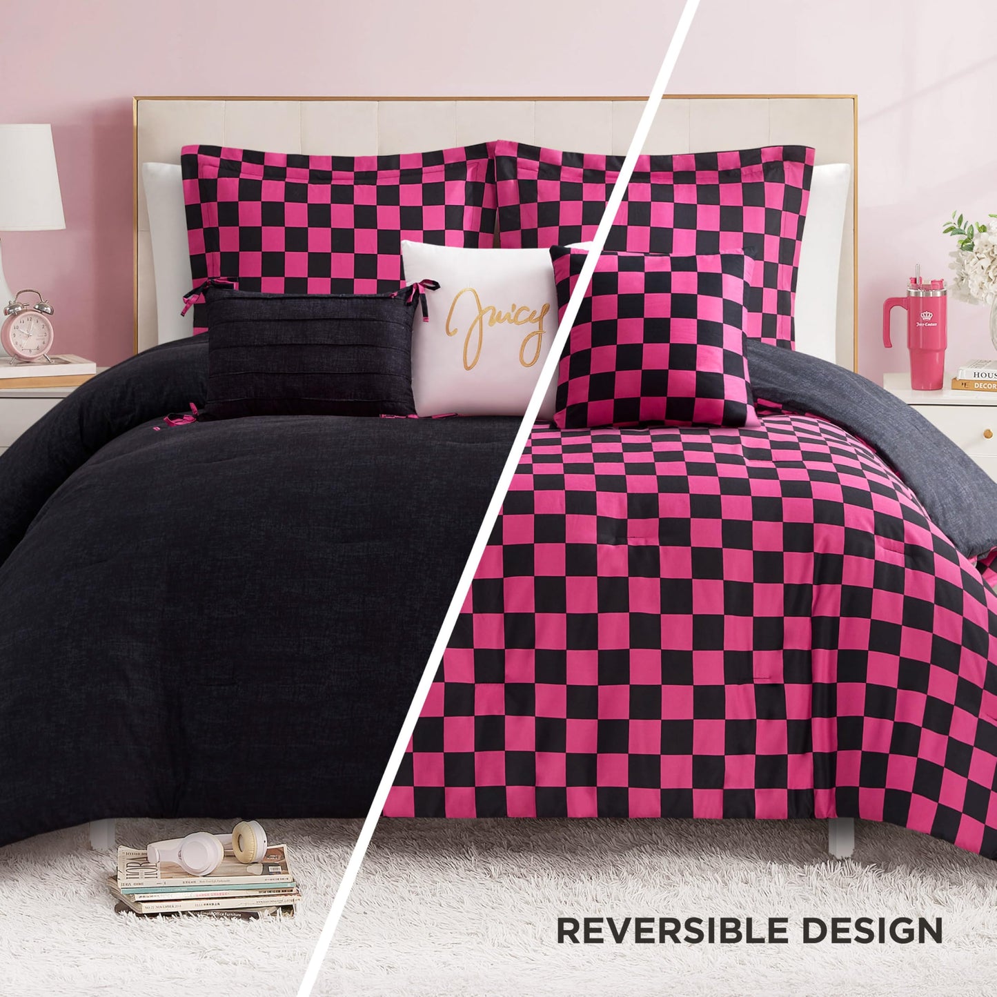 Juicy Couture Reversible Checkerboard Comforter Set 6-Piece Full/Queen Set, Black/Hot Pink
