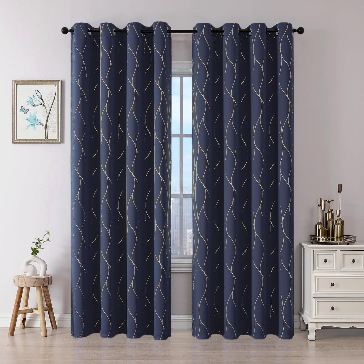 BUHUA Blackout Curtains 84 Inches Long, Gold Foil Print Wave Pattern Room Darkening Curtain, Living Room Curtains & Drapes, Thermal Insulated Window Panel Set, 52 x 84 Inch, Navy