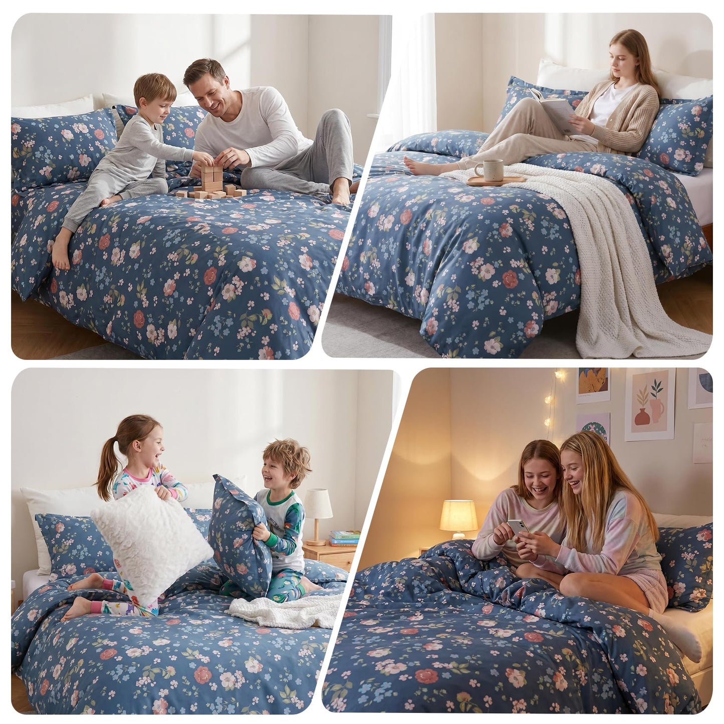 Ocharo Spring Floral 100% Cotton Duvet Cover King Size for Girls,Botanical Flowers Reversible Comforter Cover with Zipper Closure,3 Pieces Soft & Breathable Navy Pink Bedding Set for All Seasons