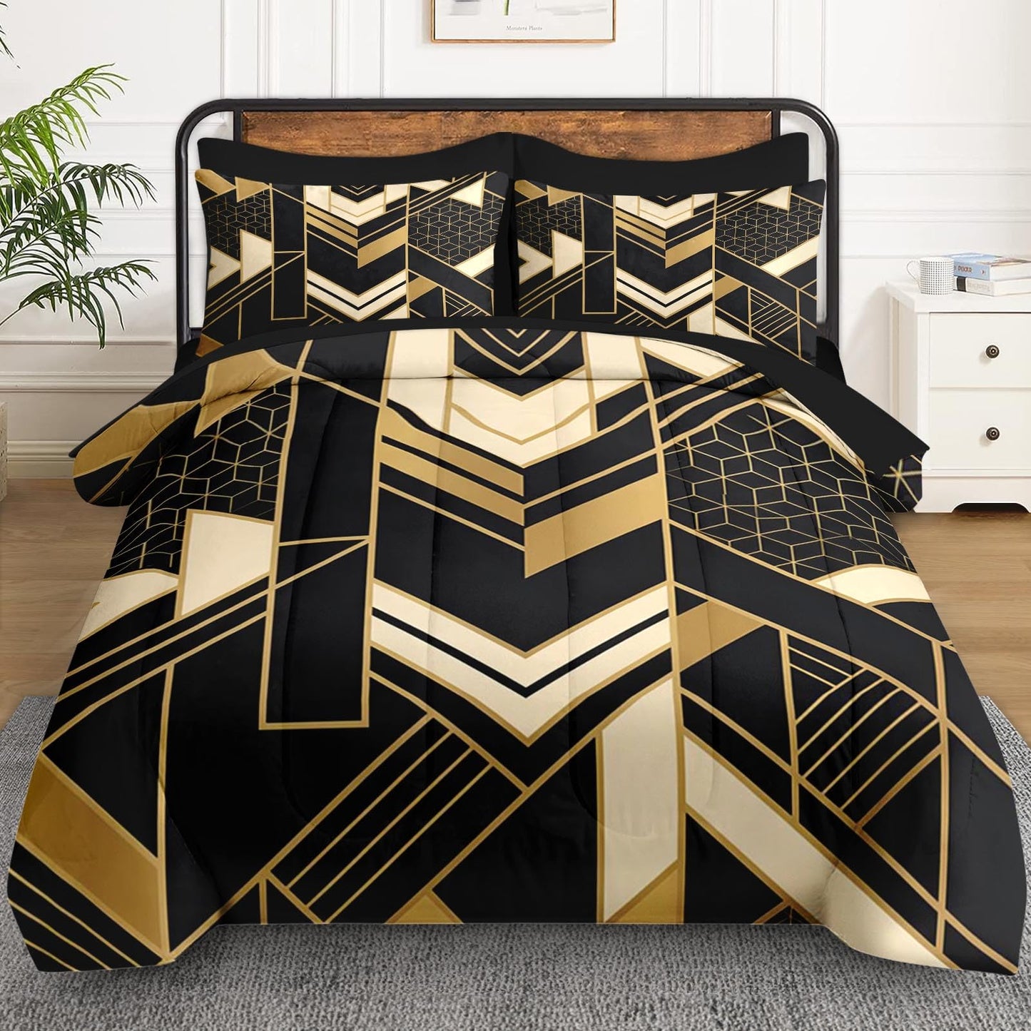 WeCozy Full Size Comforter Set with 2 Pillowcases & 2 Shams, Geometric Gold Black 7 Pcs Bedding Set for Kids and Adults, Modern Abstract Bed in a Bag with Flat Sheet and Fitted Sheet