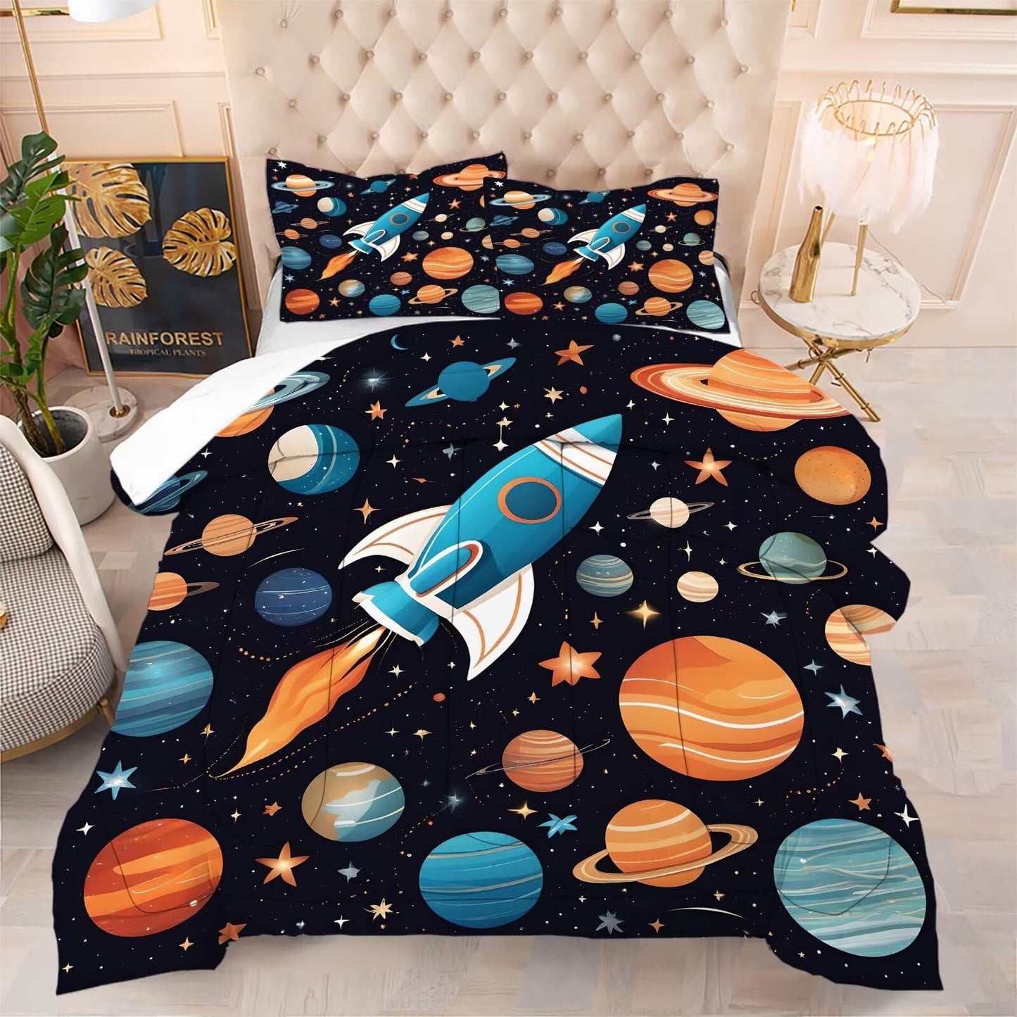 DJNEAR Space Rocket Comforter Set Full Size Galaxy Bedding Sets for Kids Boys Girls Teens Adults Bedroom Universe Stars Planets Quilt 1 Comforter 2 Pillowcases