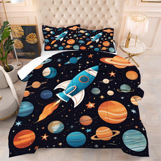 DJNEAR Space Rocket Comforter Set Full Size Galaxy Bedding Sets for Kids Boys Girls Teens Adults Bedroom Universe Stars Planets Quilt 1 Comforter 2 Pillowcases