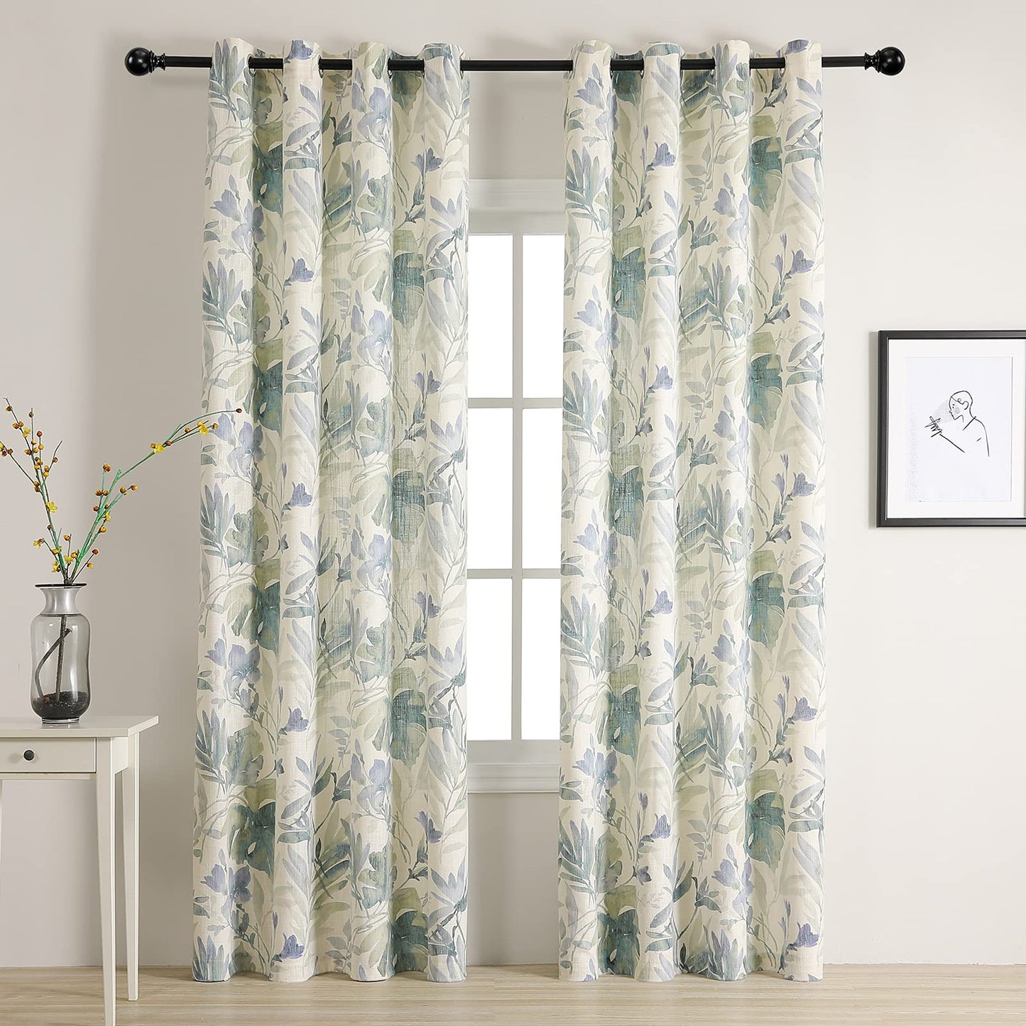 MYSKY HOME Sage Green Curtains 84 Inch Length Light Filtering Privacy Protect Drapes for Living Room Bedroom Flower Printing Window Treatment Grommet 2 Panels,Sage and Natural