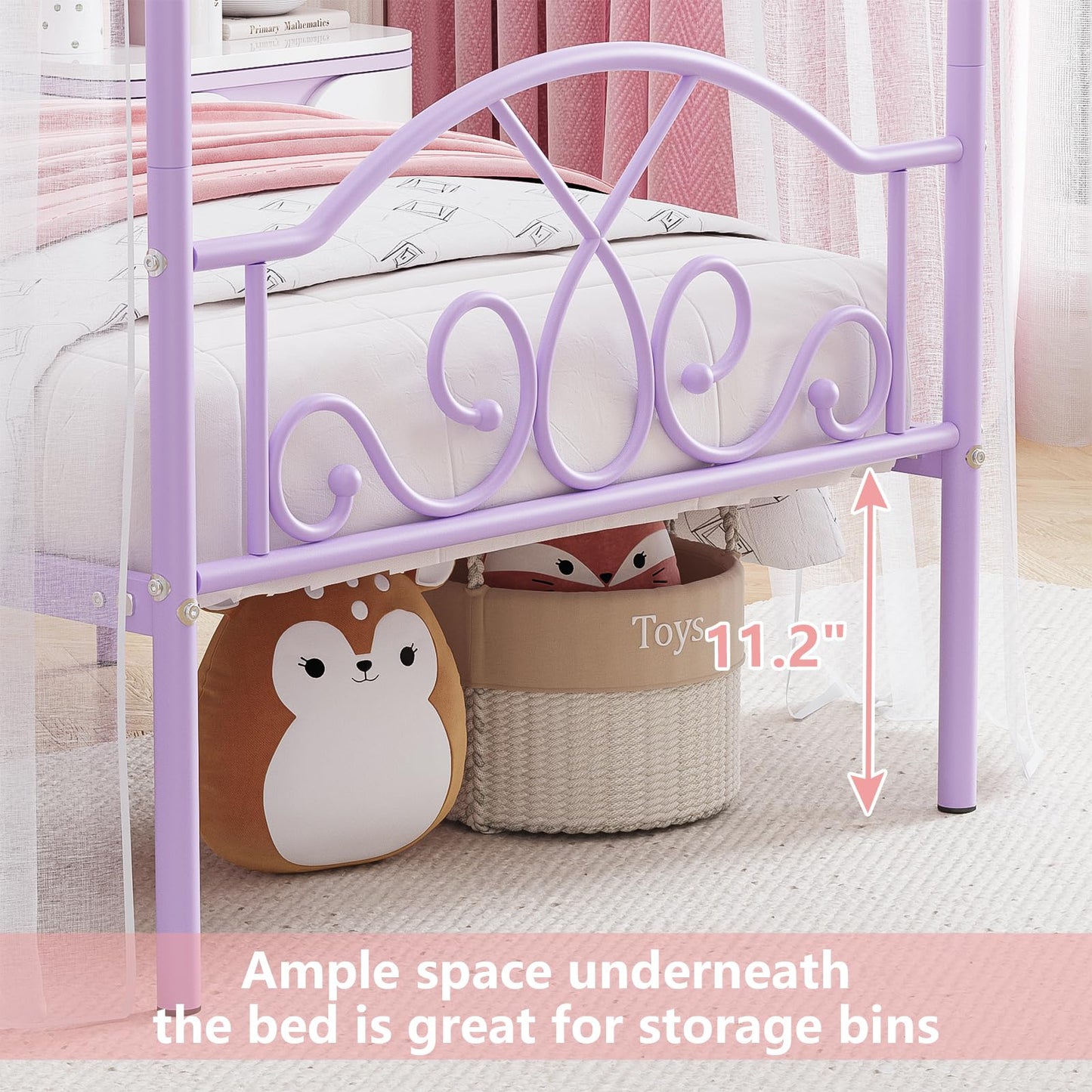 Weehom Princess Canopy Bed Frame with 4 Posters, Sturdy Metal Platform with Headboard&Footboard No Box Spring Needed Twin Size Bed for Kids Girls Adults,Purple