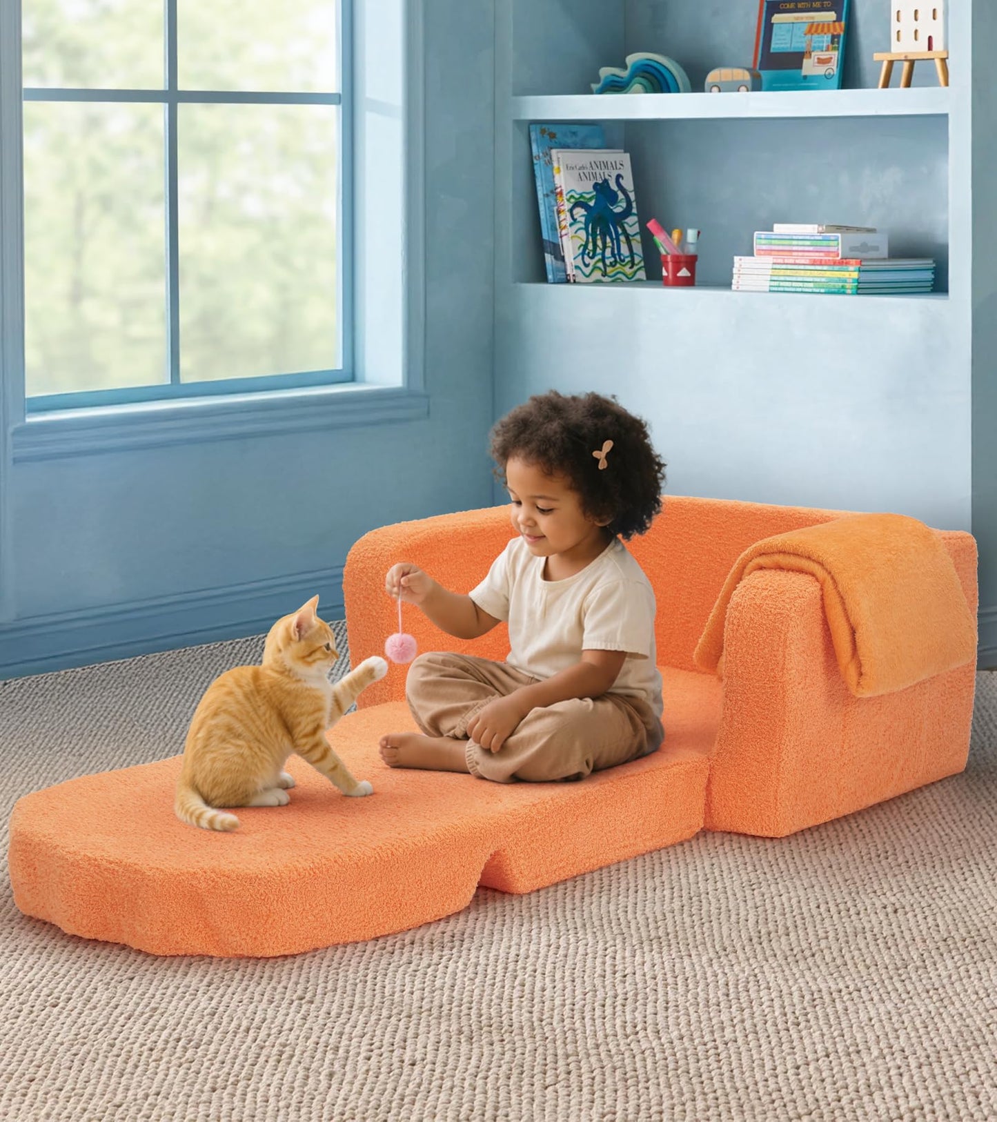 Foryoomi Upgraded Kids Couch, 2-in-1 Soft Top-Flip Fold Out with Blanket, Comfy Convertible Plush Sofa Chair, Great Gifts for Little Ones, Lion