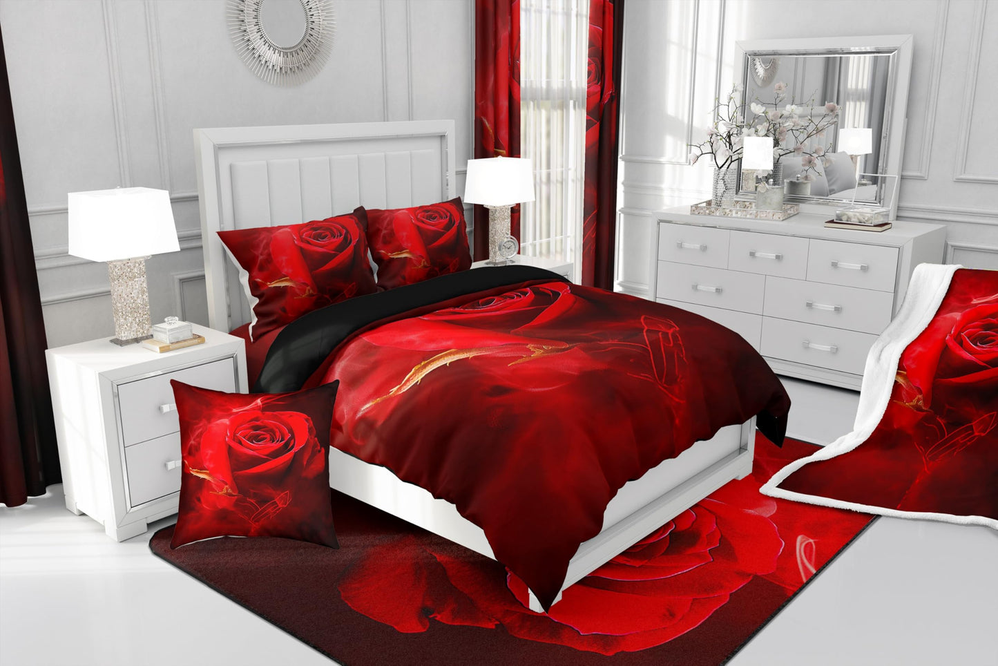Erosebridal Valentine's Day Comforter Set Queen,Black Red Rose Floral Bedding Sets for Girls Women,Elegant Flowers 3D Print Quilt Set Soft Luxury Microfiber 3Pcs Quilted Comforter with 2 Pillow Shams