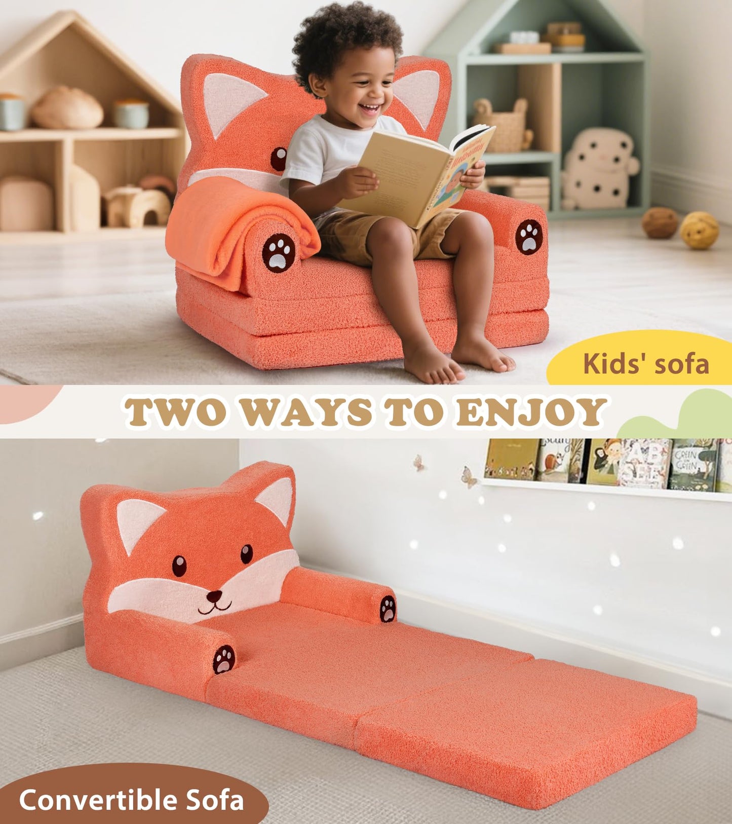 Foryoomi Kids Couch, 2-in-1 Soft Toddler Couch Fold Out with Blanket, Chair Comfy, Foldable Convertible Plush Sofa, Gifts for Kids Girl Boys, Fox