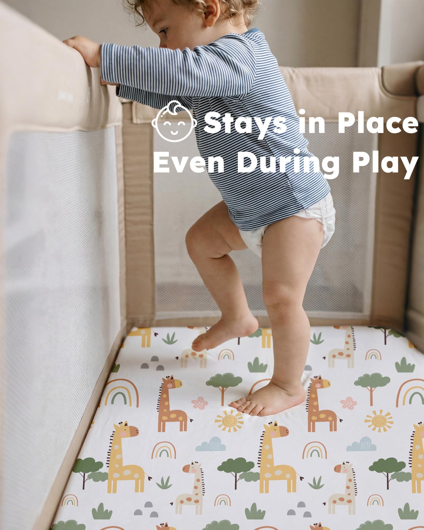 Nyessmee Pack and Play Sheets for Boys Girls, 38" x 26" Mini Crib Sheets Fitted for Pack n Play Mattress, Soft Breathable Playard Sheets, 2-Pack Khaki Giraffe