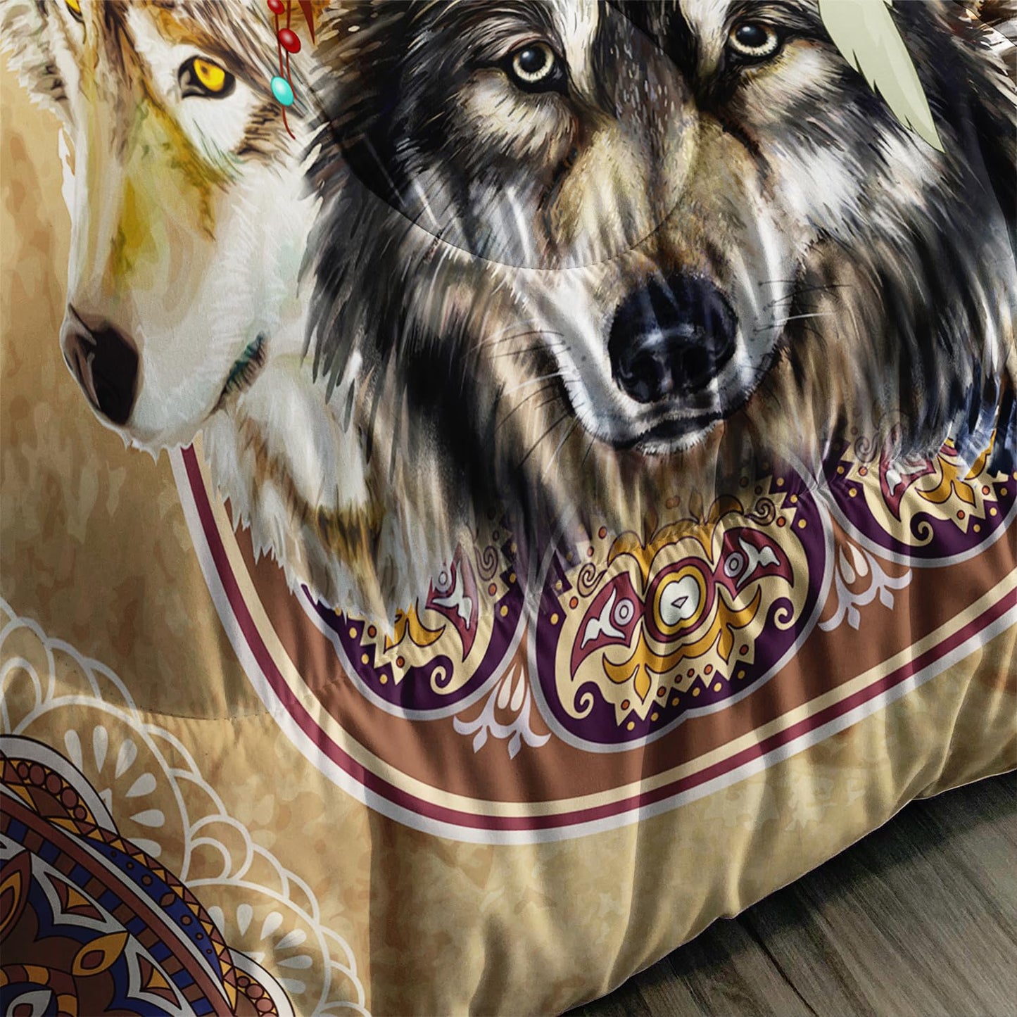 AILONEN Dreamcatcher Wolf Comforter Set Queen Size,Native American Wolf Bedding Set,Bohemian Comforter Sets,American Indian Theme Duvet Set 3 Pieces, 1 Quilt and 2 Pillowcases