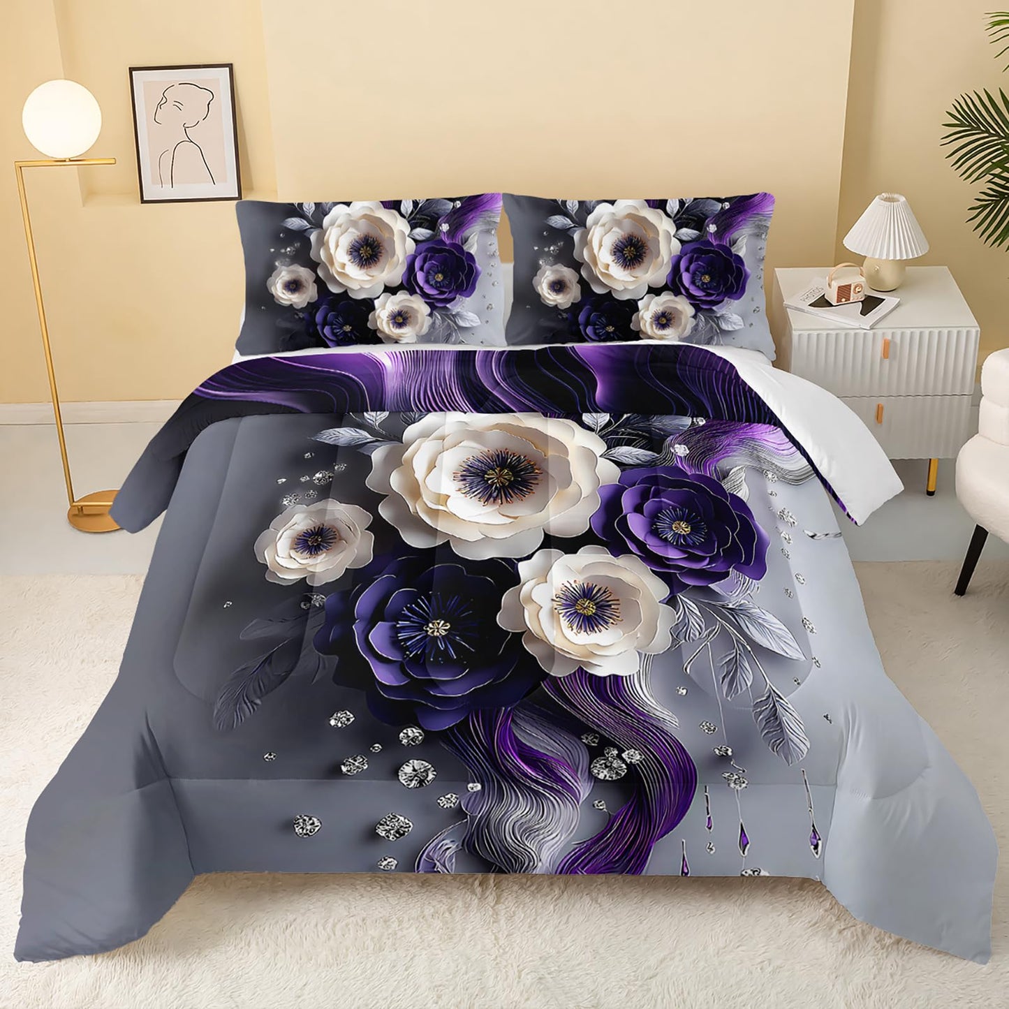 QOOMO Purple Flowers Kids Bedding Set,Cartoon Plants Comforter Set Queen Size for Boys Girls Teen Room Decorat,Soft Lightweight Bed Set All Season,1 Comforter 2 Pillowcases