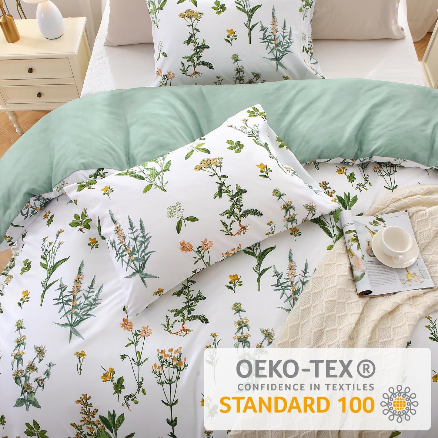 MUXHOMO Duvet Cover Queen Size, Reversible Floral Green Flower Duvet Cover Set with Zipper Closure, 3 Pieces Botanical Patterns Soft Microfiber Bedding Set with 4 Ties (90"x90", 2 Pillow Cases)