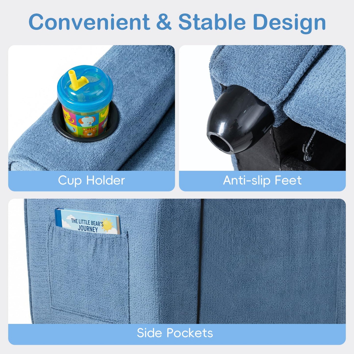 INFANS Kids Recliner, Toddler Lounge Chair with Adjustable Backrest Footrest Cup Holder Side Pockets, Velvet Leather Toddler Couch