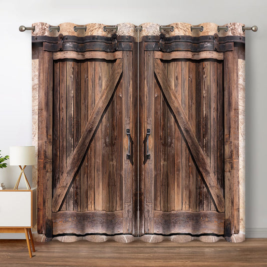 Jekeno Rustic Wood Blackout Curtains Vintage Wooden Barn Door Farmhouse Home Bedroom Living Room Decor Brown Grommet Window Drapes 2 Panel Set, 42"x54"