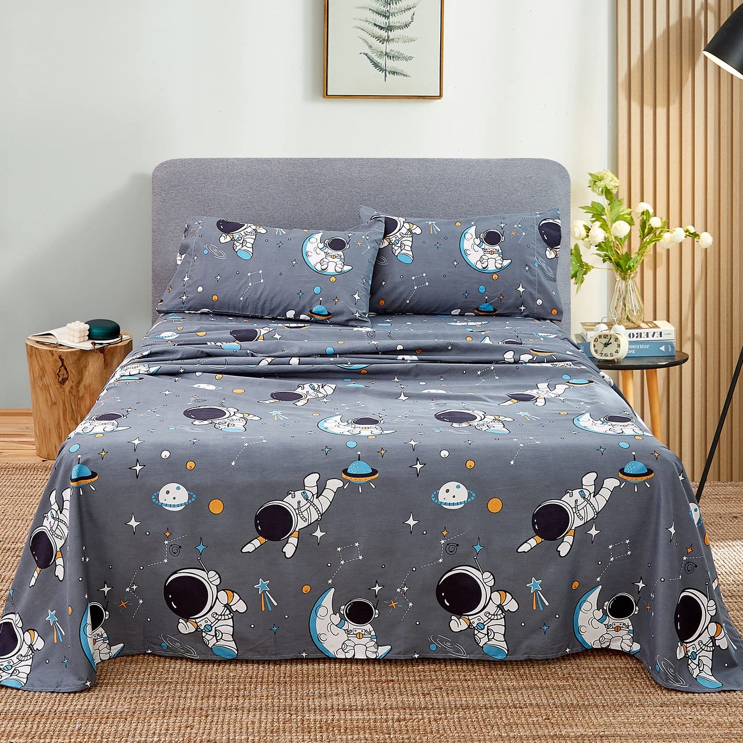 JSD Grey Astronaut Kids Sheet Set Twin Size, 3 Piece Boys Space Adventure Printed Microfiber Sheets Deep Pocket
