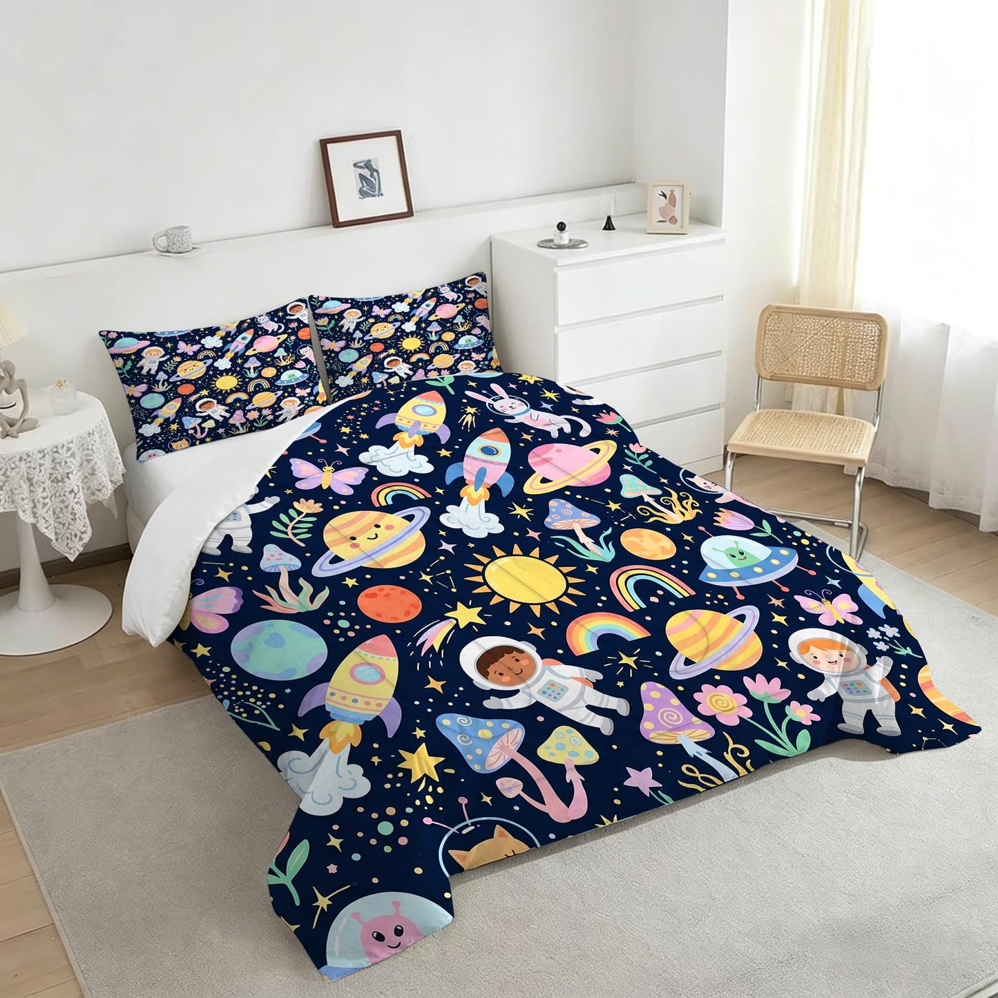 DJNEAR Kids Space Adventure Comforter Set, Astronaut and Rocket Print Bedding Set Full Size for Kids Boys Girls Teens, Soft Microfiber Room Decor 1 Comforter 2 Pillowcase