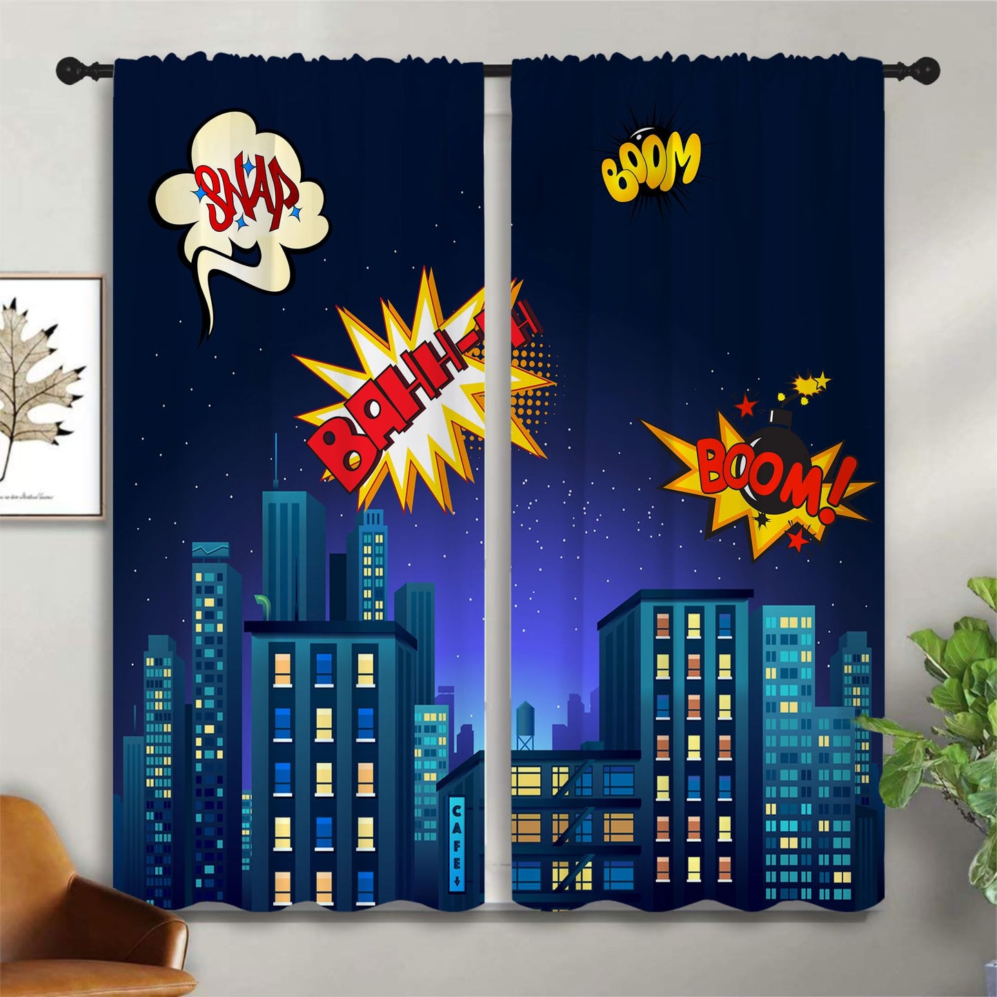 PYMATYTN Superhero Rod Pocket Blackout Curtains for Boy Girl Bedroom, Cartoon Skyline Buildings Cityscape Thermal Insulated Home Window Drapes for Living Room Darkening, 42x45 inch