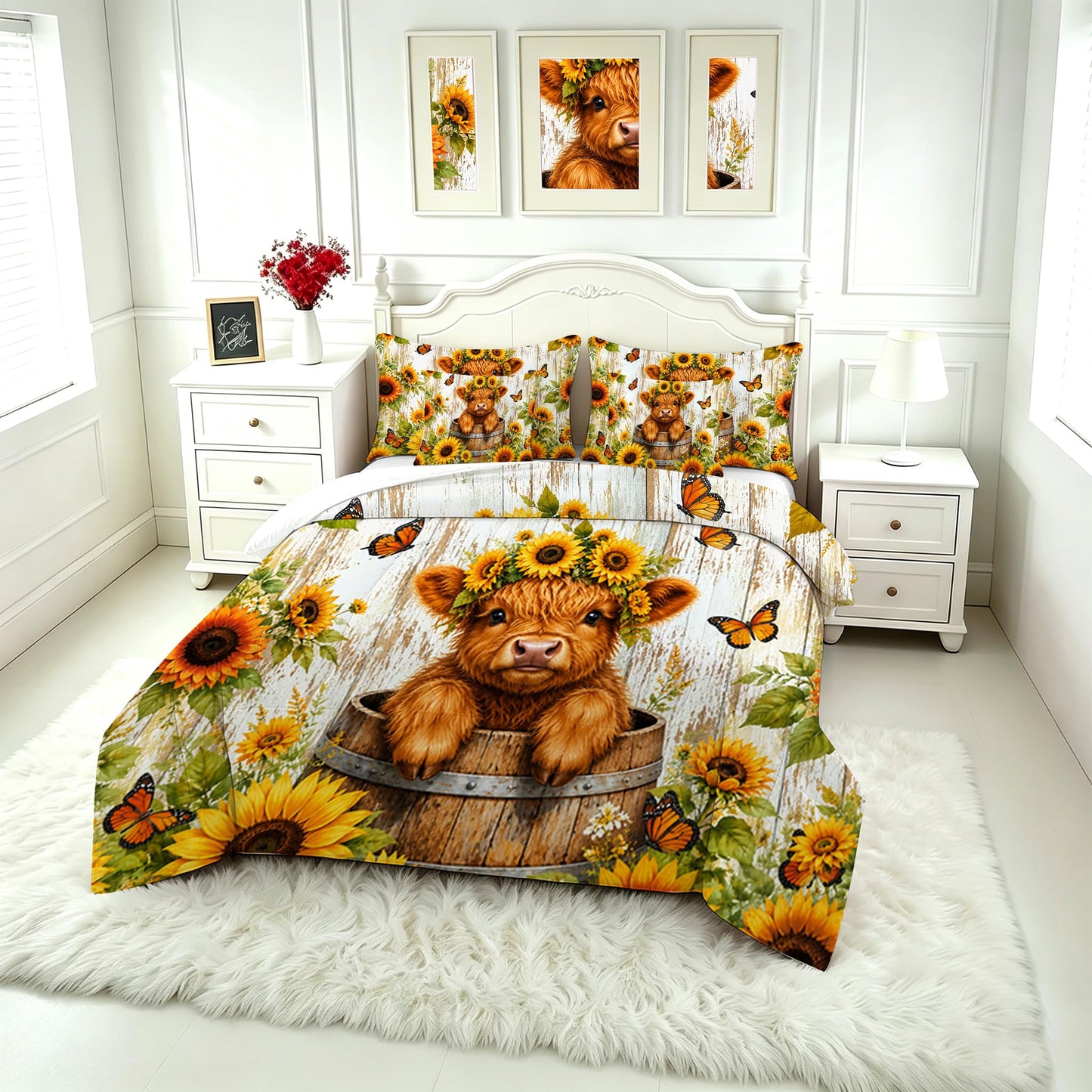 FUYEUN 7 Pcs Farmhouse Animal Bedding Comforter Set Queen Size, Kawaii Highland Calf in Barrel Print,Bed in a Bag with Flat Sheet & Pillowcases,Children Bedroom Decor