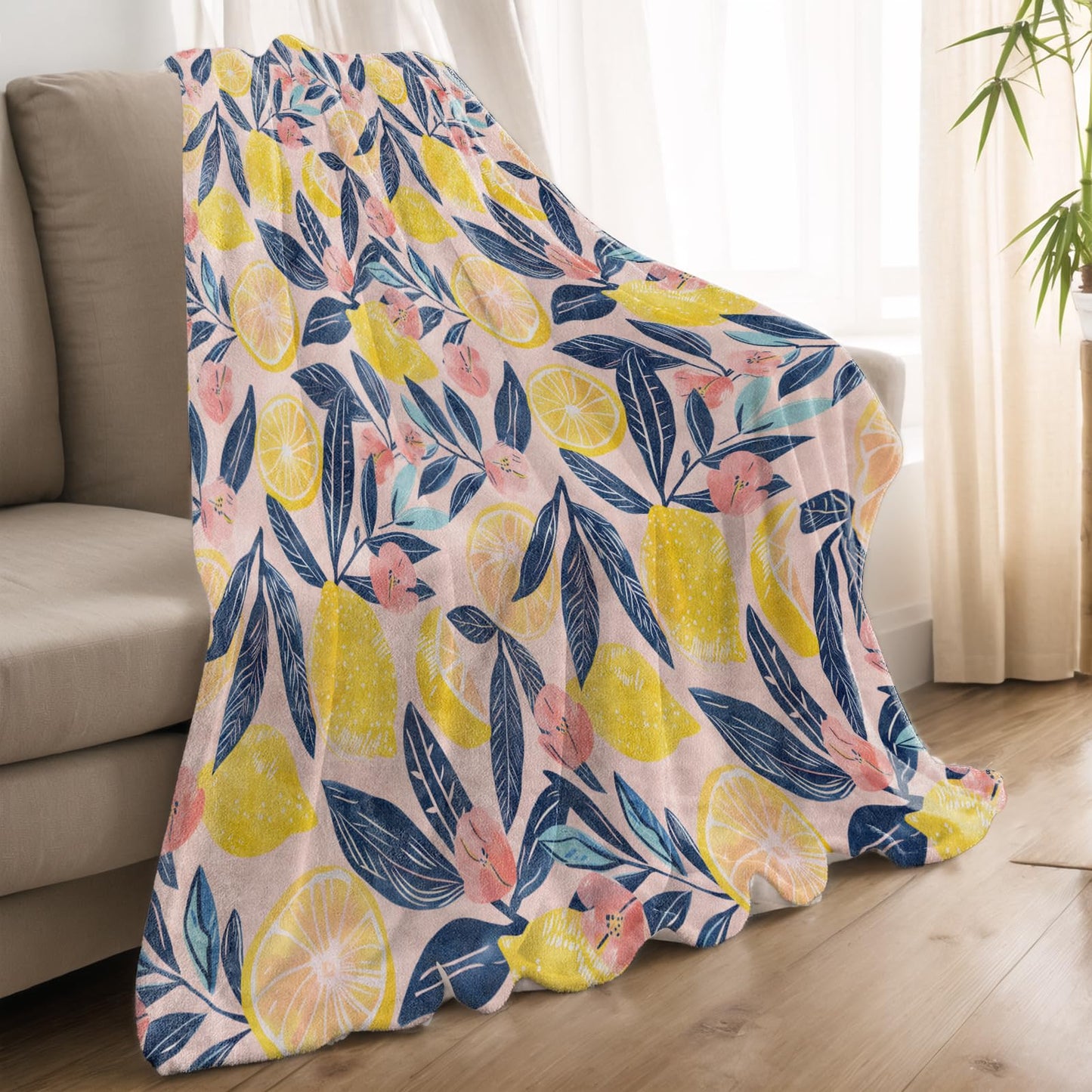 qxfqxf Bright Lemon Blanket Lightweight Blankets Gifts for Adults Flannel Throw with Pink Flower and Navy Leaf Printed for Sofa, Bed, Travel, Picnic, Camping, Office, Summer Decor Throws 60x50 Inch