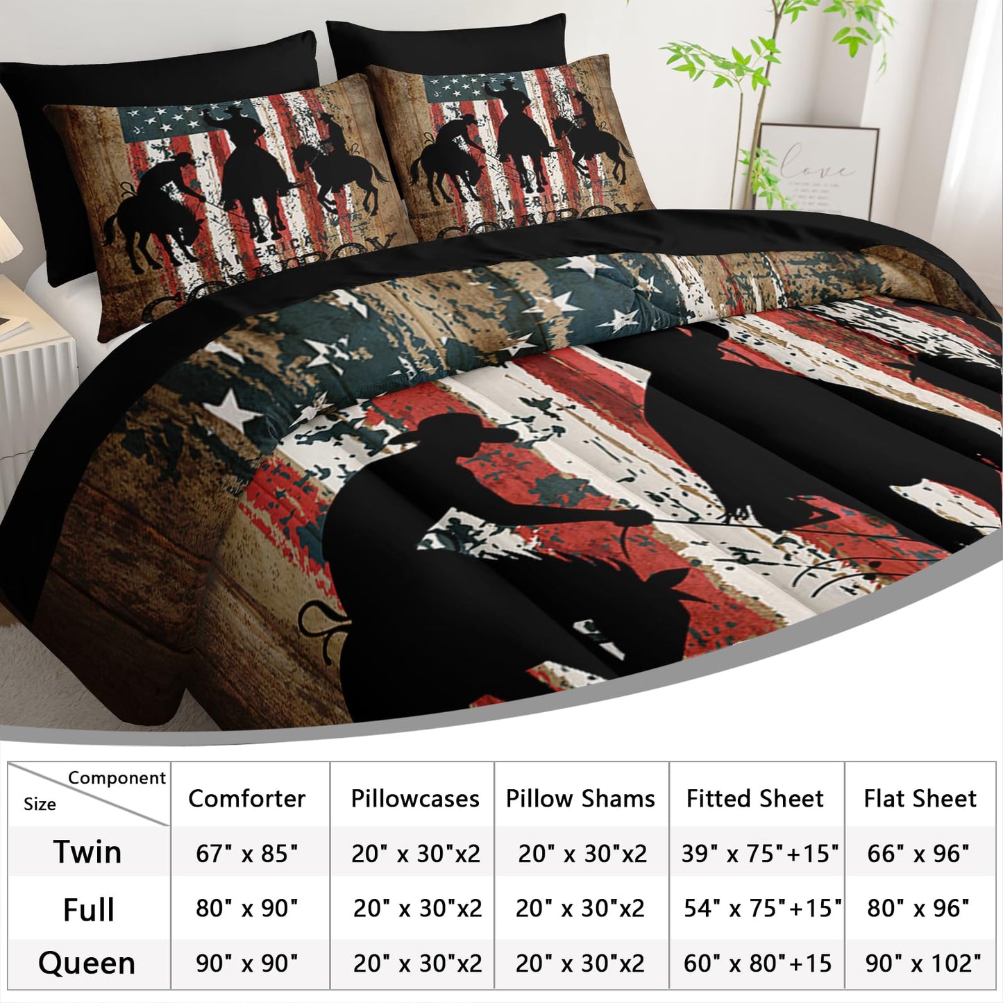 AILONEN Western Cowboy Comforter Set Full Size,7-Piece Rodeo Cowboy Riding Bull Bed in a Bag,United States Retro Country Style Comforter & Fitted Sheet & Flat Sheet & 2 Pillowcases,Soft Microfiber