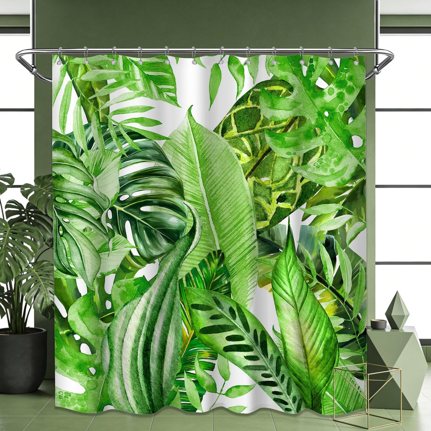 Pdvbiee Green Tropical Palm Leaf Shower Curtain, 70 X 72 Inch