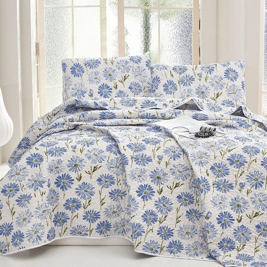 WHWODIDE Boho Floral Quilt Set King Lightweight Microfiber Bedspread Coverlet, Soft All Season Bedding with 2 Pillow Shams, Vintage Botanical Daisy Blue Flower Pattern (Daisy Blue, King)