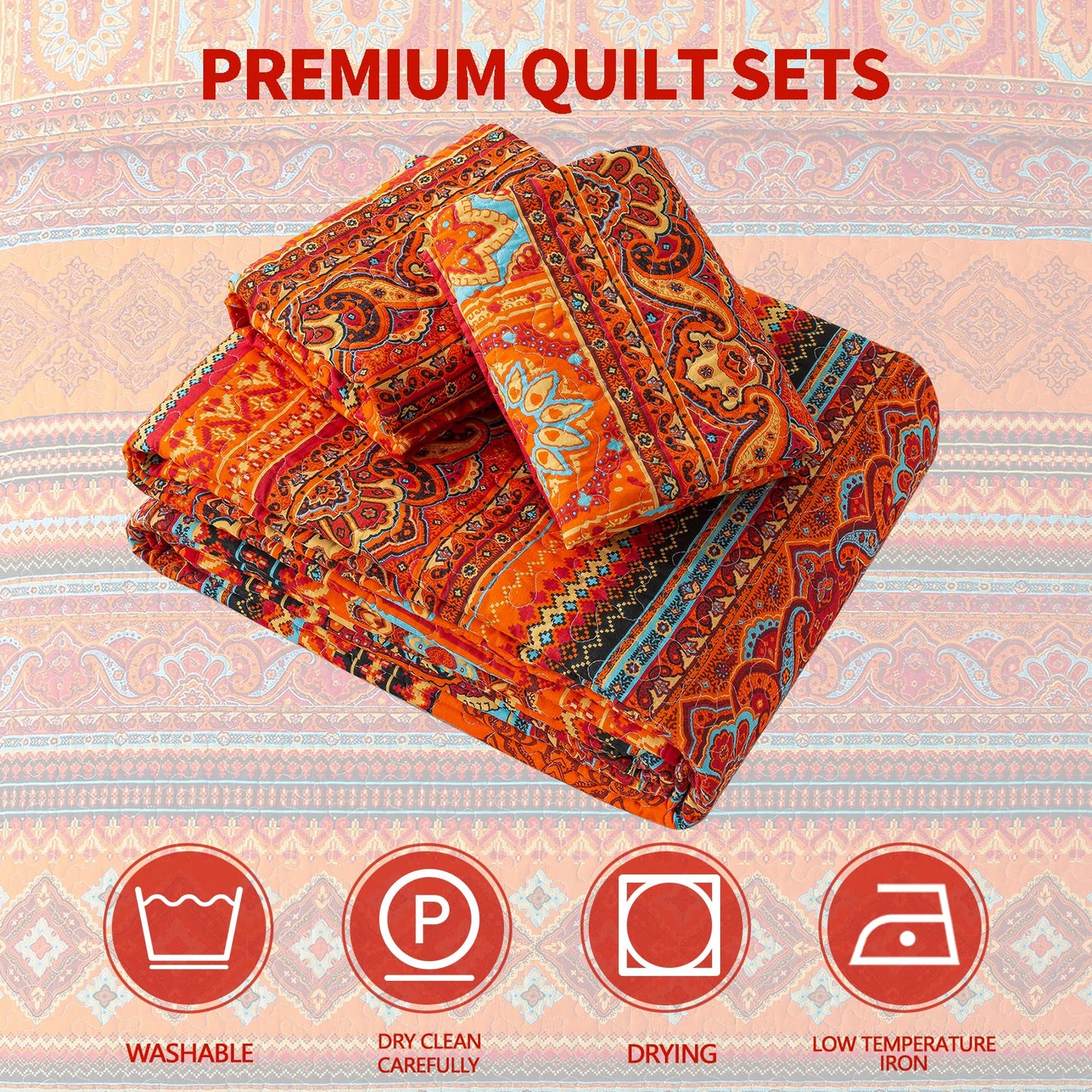 TWINRUN Cotton Quilt Queen, 3 Piece Boho Bedspread Queen Size(90 x 98 Inch)， Lightweight Vibrant Orange Red Bohemian Stripes Bedspread, Cotton Coverlet for All Seasons