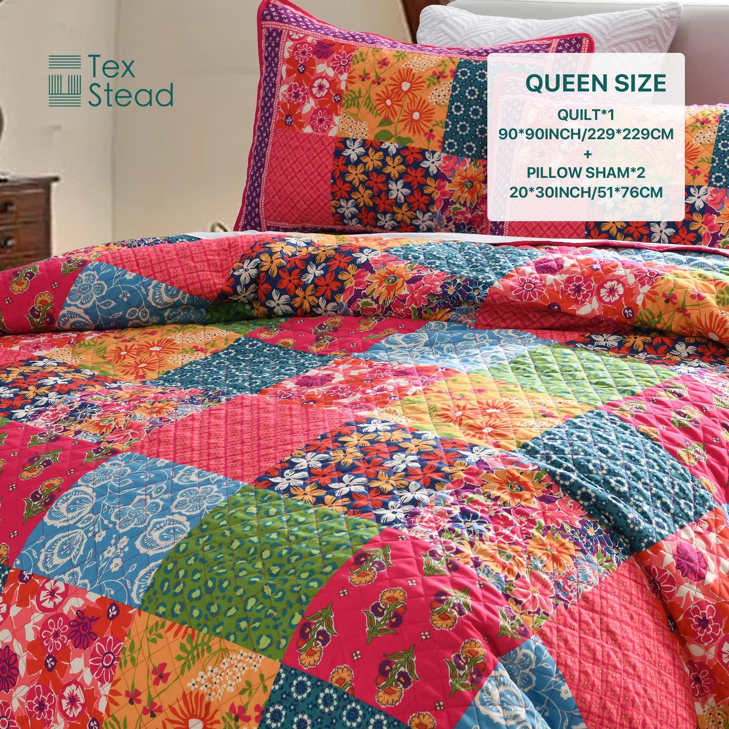 TEXSTEAD Queen Quilt Set - Washed Quilted Patchwork Comforter Coverlet, Lightweight Breathable Bedspread for All Seasons, Reversible 90"x90" with 2 Pillow Shams, Machine Washable