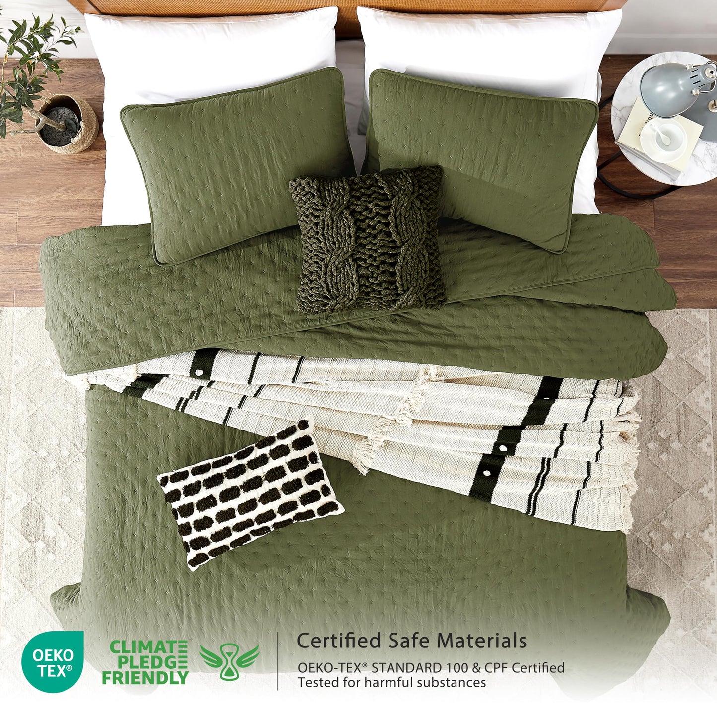 ROARINGWILD Olive Green Cloud Twin Size Quilt Bedding Sets with Pillow Sham, Farmhouse Lightweight Soft Bedspread Coverlet, All Season Rustic Country Thin Comforter, 2 Pieces, 68x90 inches