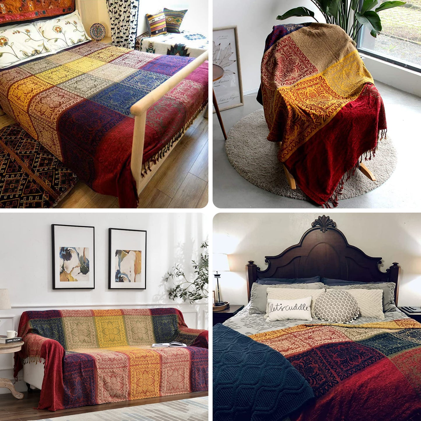 Boho Throw Blanket, Chenille Jacquard Tassels Throw Blankets for Bed Couch Soft Chair， Bohemian Fringe Tassels (Red, S:60x75