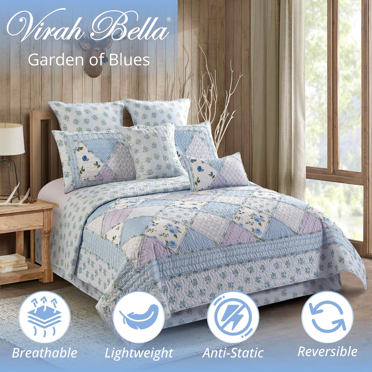 Virah Bella 3 Piece Full/Queen Lodge Quilt Bedding Set - Rustic Country Reversible Comforter Set with Decorative Pillow Shams - Garden of Blues