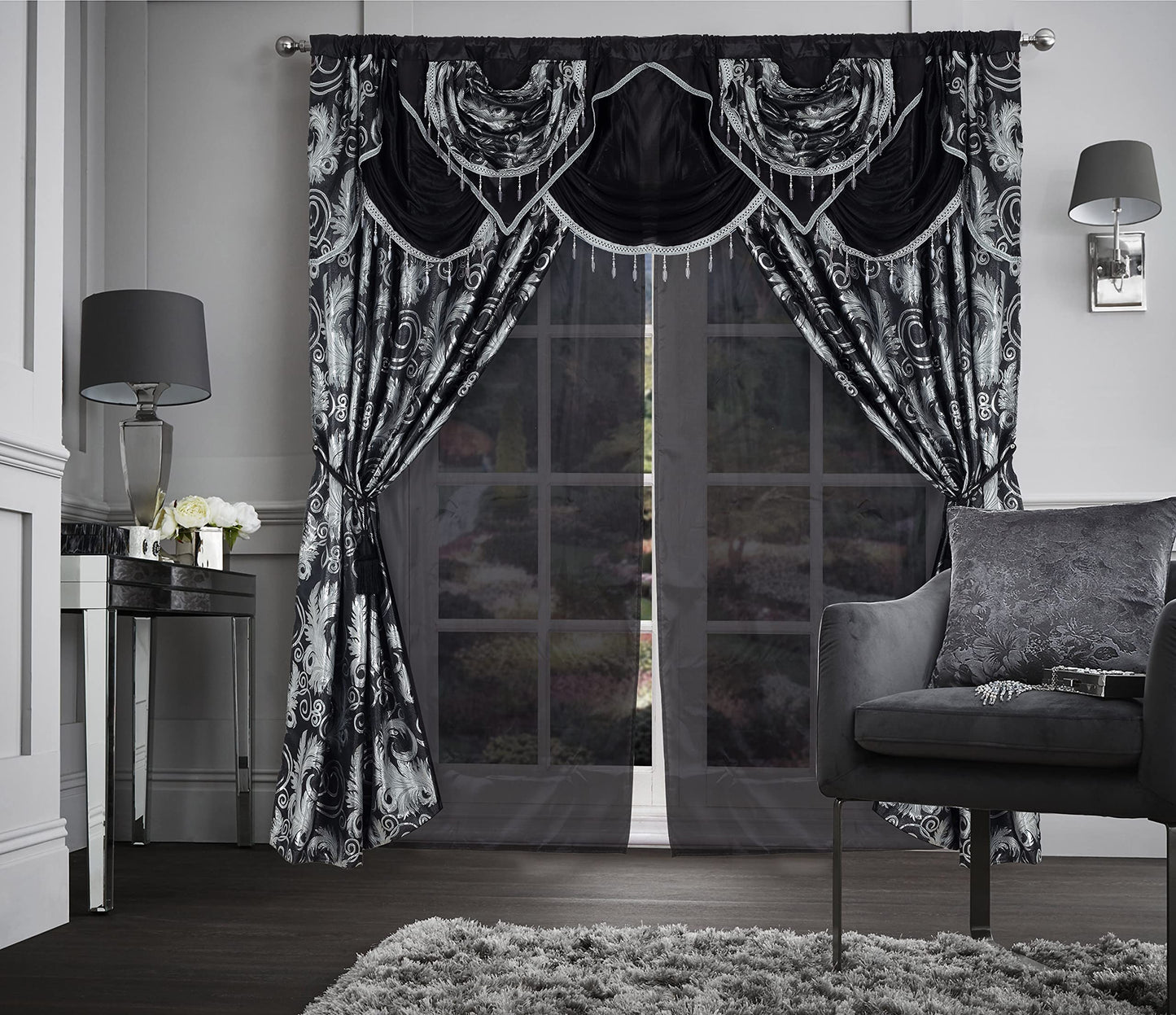 GLORY RUGS Jacquard Luxury Window 2 Panel Set Black Curtain with Attached Valance and Backing Bedroom Living Room Dining 2 Curtains 55x84 inches Each Jana