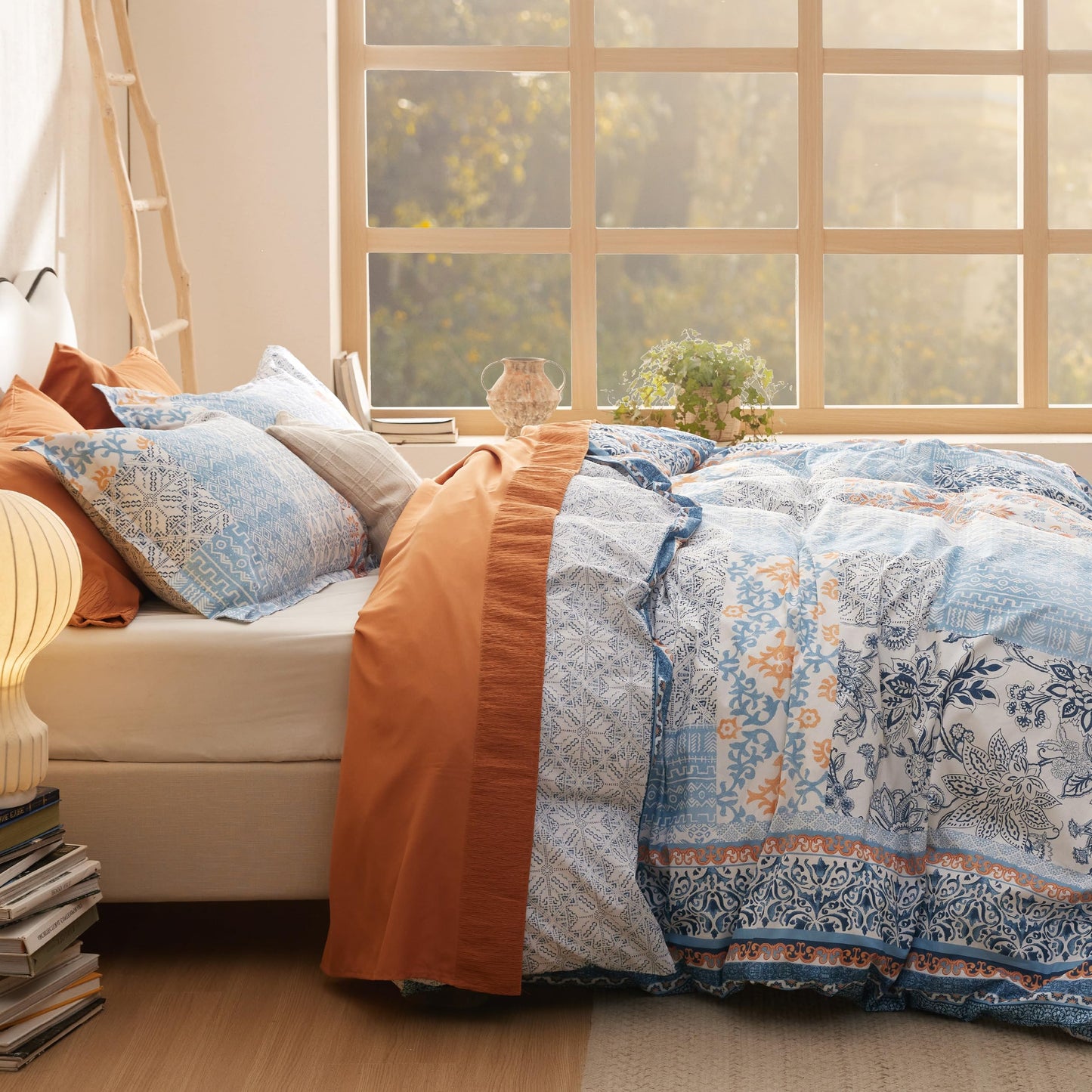 Bedsure Duvet Cover Queen Size - 100% Cotton Reversible Floral Queen Duvet Cover Set with Zipper Closure, 3 Pieces Soft & Breathable PureWoven Bohemian Blue Bedding Set with 2 Pillow Shams 20"x26"
