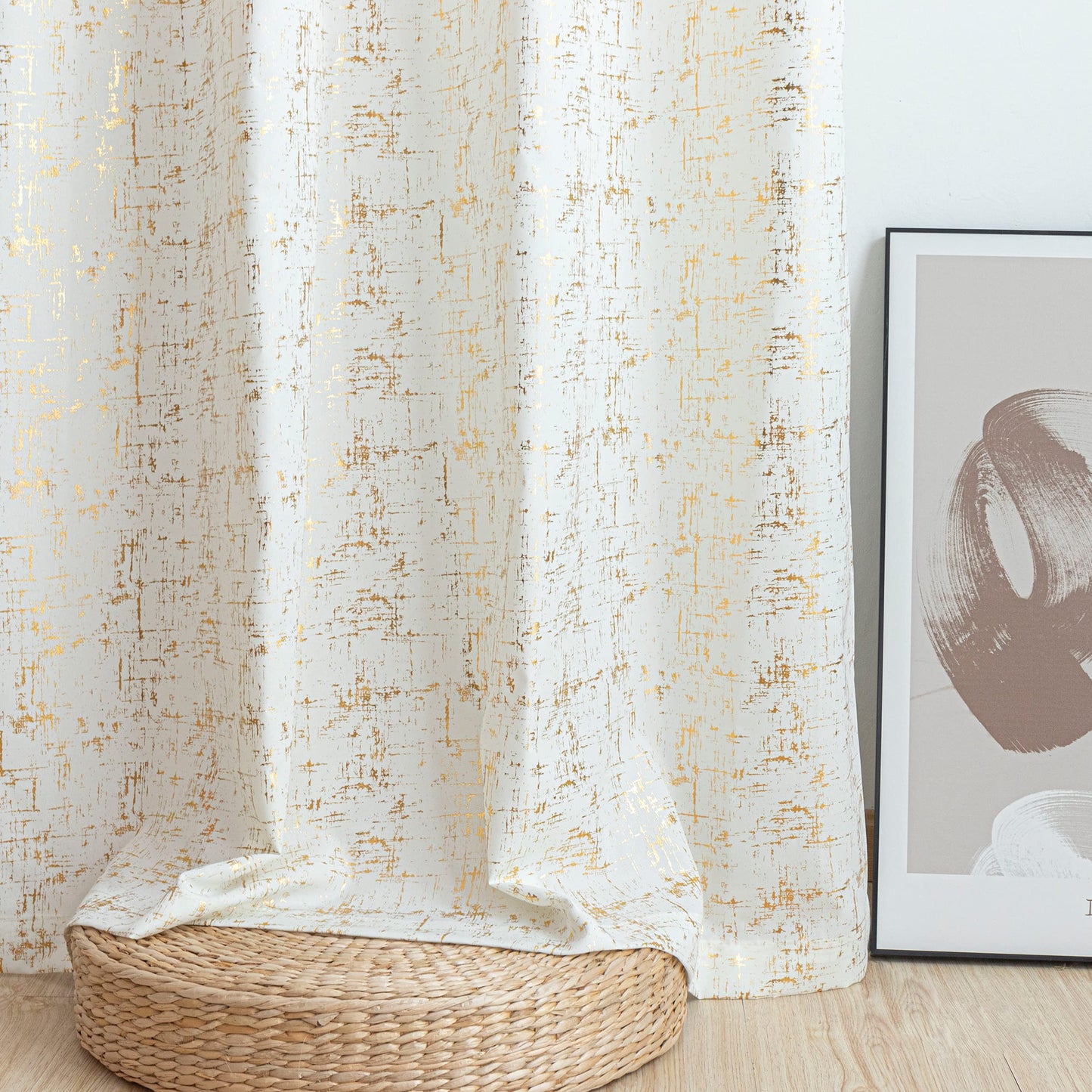 Taisier Home Gold Foil Print Linen Textured Curtains Geometric Dots Pattern Design Curtains for Nursery Toy Room Thermal Insulated Window Treatment 2 Panels 63" L,Off White and Gold Drapes Print