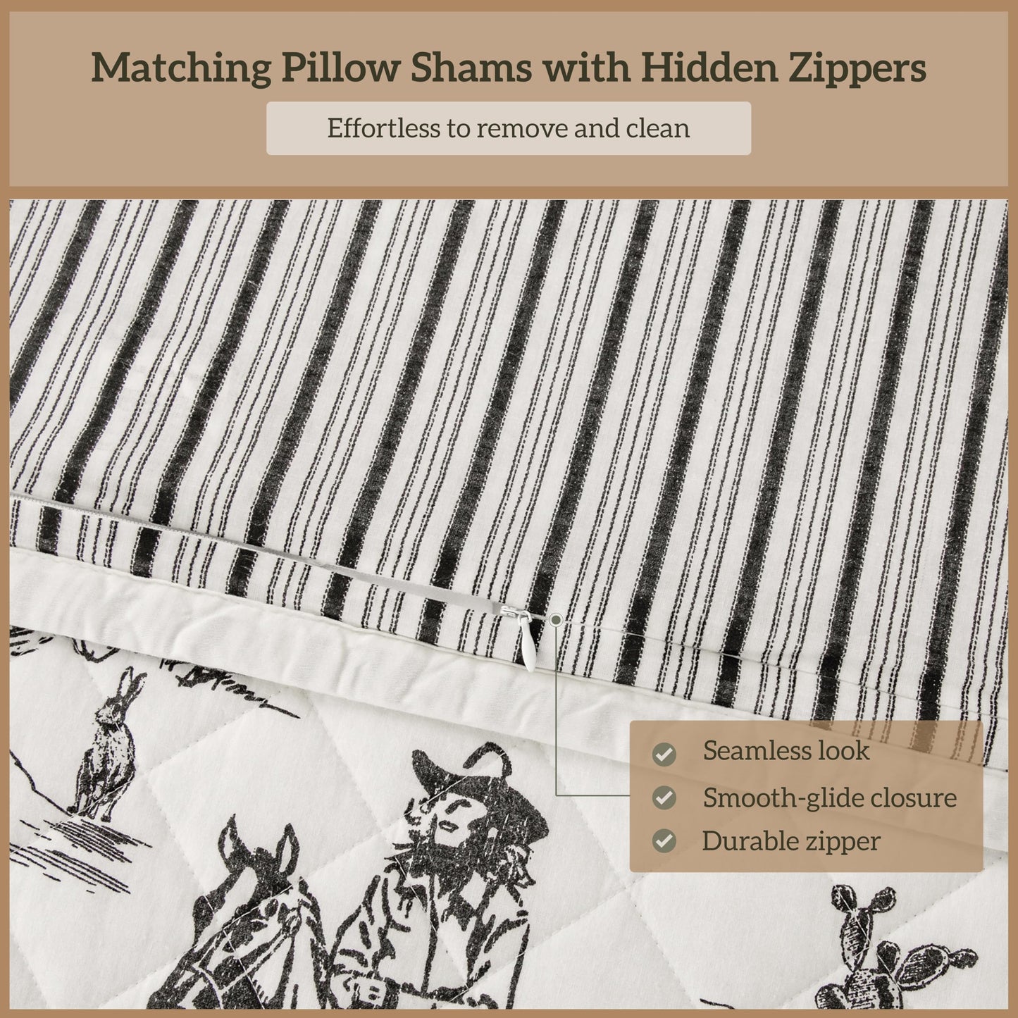 Paseo Road Ranch Life Full Queen Cotton Quilt Set, 3 Piece Western Bedding Set with Pillow Shams, Black White Reversible Quilt with Cowboy Longhorn Horse Cow Print, Soft Cozy Rustic Farmhouse Bedding