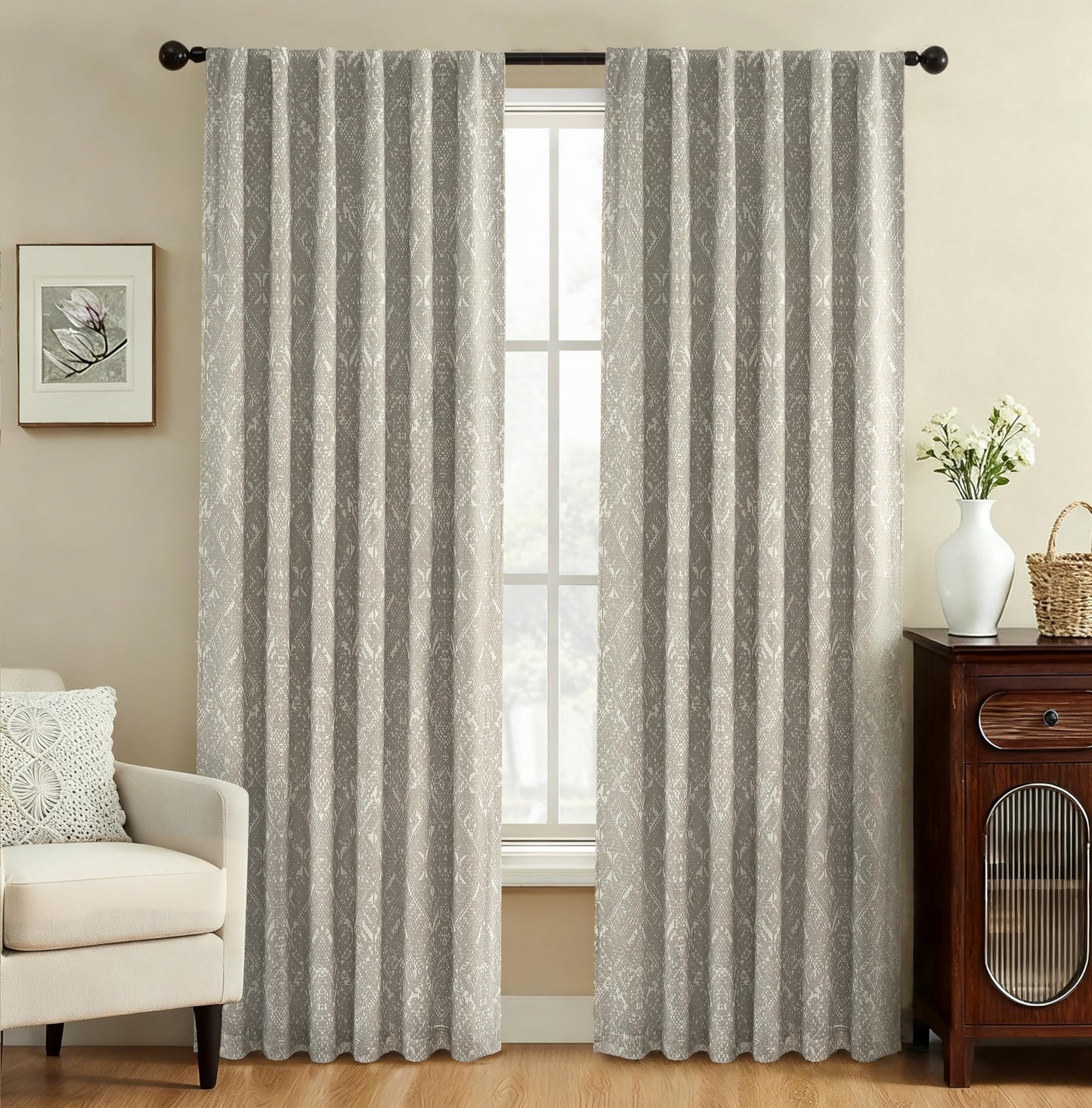 DriftAway Boho Linen Blackout Curtains Double Layer Thermal Insulated Crochet Farmhouse Vintage Retro Printed Pattern Lined Drapes for Living Room Bedroom 84 Inches Long Back Tab 2 Panels Beige