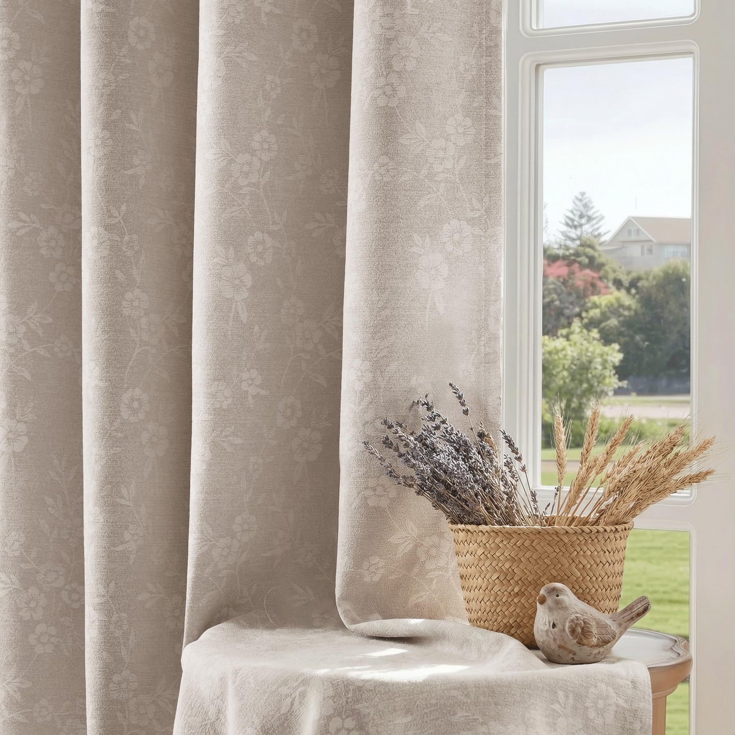 Beauoop Beige Floral Jacquard Blackout Curtains 84 Inches Long 2 Panels for Living Room Bedroom Chenille Flower Room Darkening Thermal Insulated Soundproof Grommet Window Drapes, 52x84 Set of 2