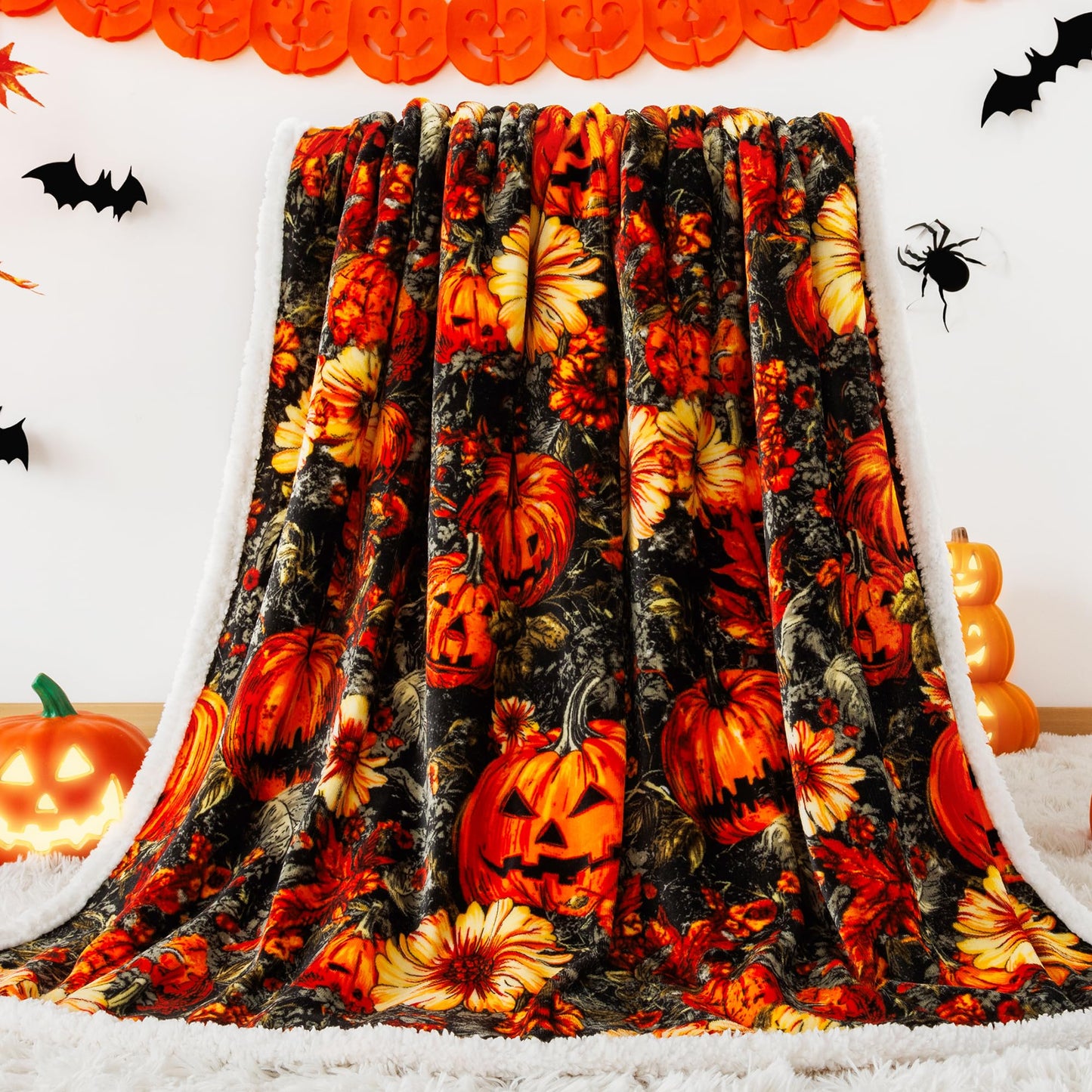 ROMROL Halloween Throw Blanket, Fall Sherpa Throw Blankets, Pumpkin, Leaves Fall Blanket, Soft Fuzzy Plush for Couch Sofa or Bed, Warm Flannel Blanket for Halloween Fall Decor (50" x 60")