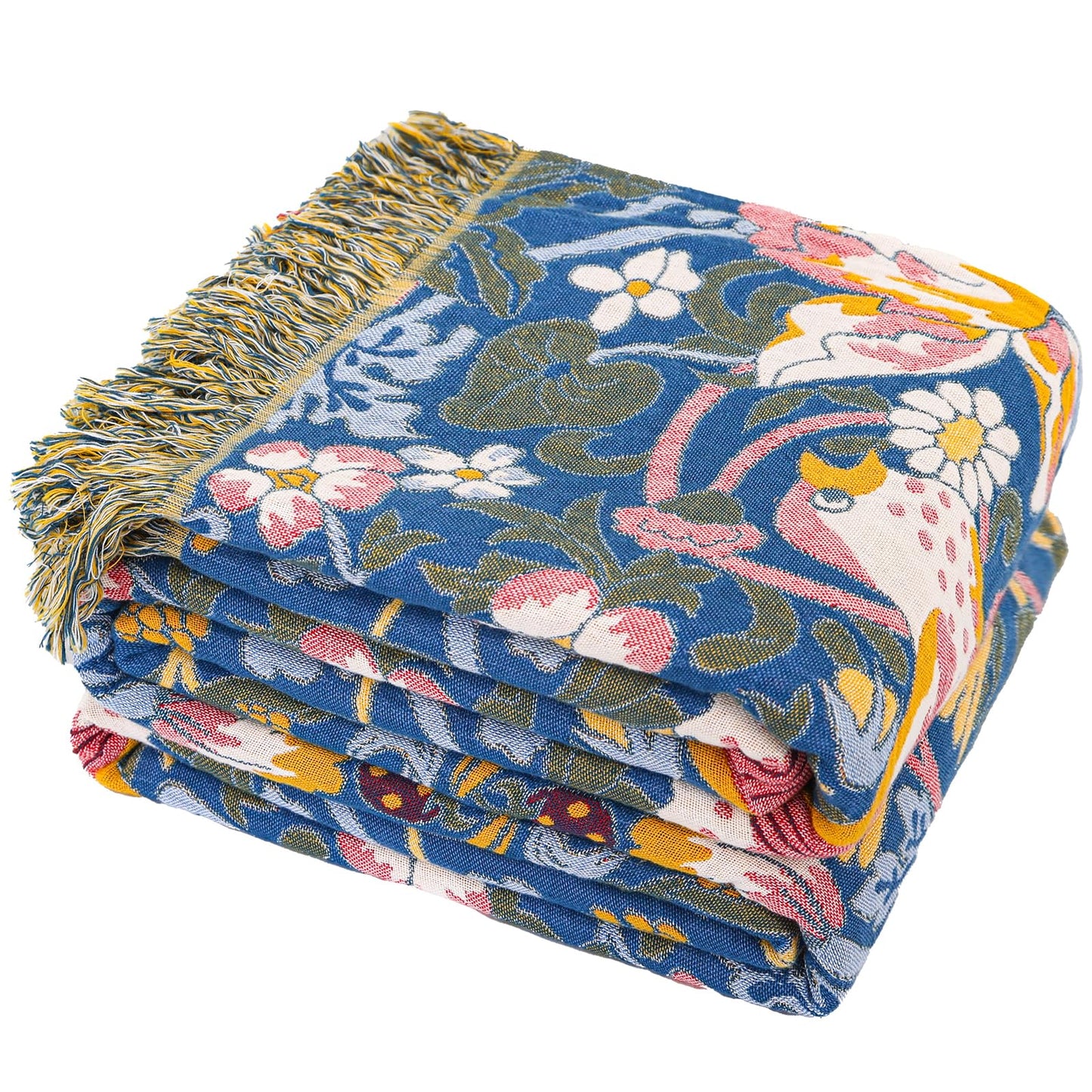 STASOPTK Boho Cotton Muslin Twin Size Bed Throws,100% Cotton Rustic 4 Layer Reversible Bid and Floral Woven Washable Breathable Decor Blanket 60"×80" for Couch Sofa All Seasons,Blue &Yellow