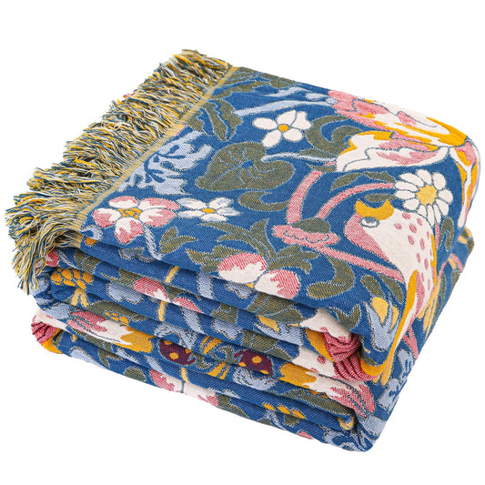 STASOPTK Boho Cotton Muslin Twin Size Bed Throws,100% Cotton Rustic 4 Layer Reversible Bid and Floral Woven Washable Breathable Decor Blanket 60"×80" for Couch Sofa All Seasons,Blue &Yellow
