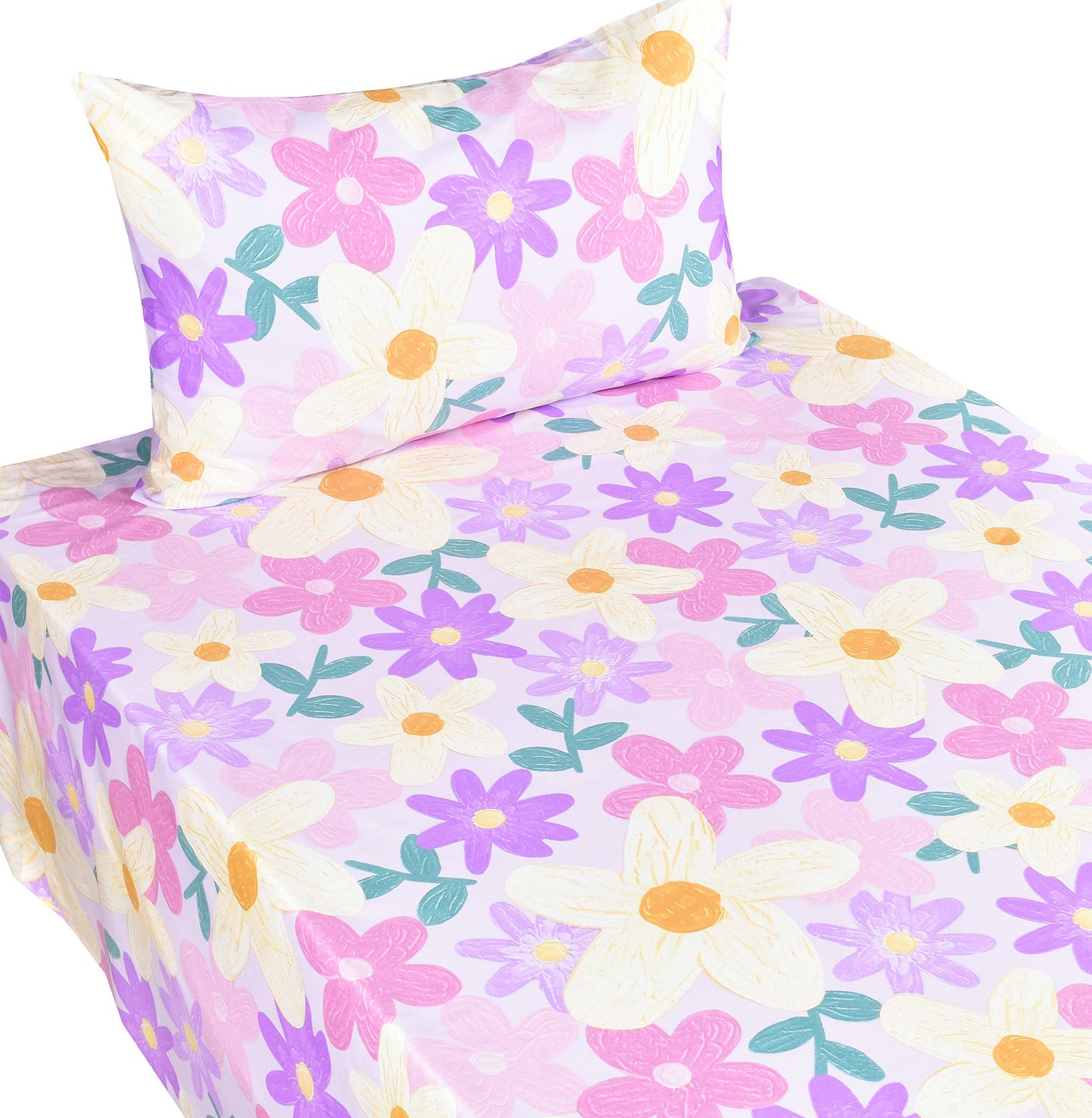 Scientific Sleep Purple Flower Painting Girls 100% Cotton 3 Pcs Twin Bed Sheet Set Kids Toddler Teen, Flat Sheet & Fitted Sheet & Pillowcase Kids Bedding Set (Floret, Twin)