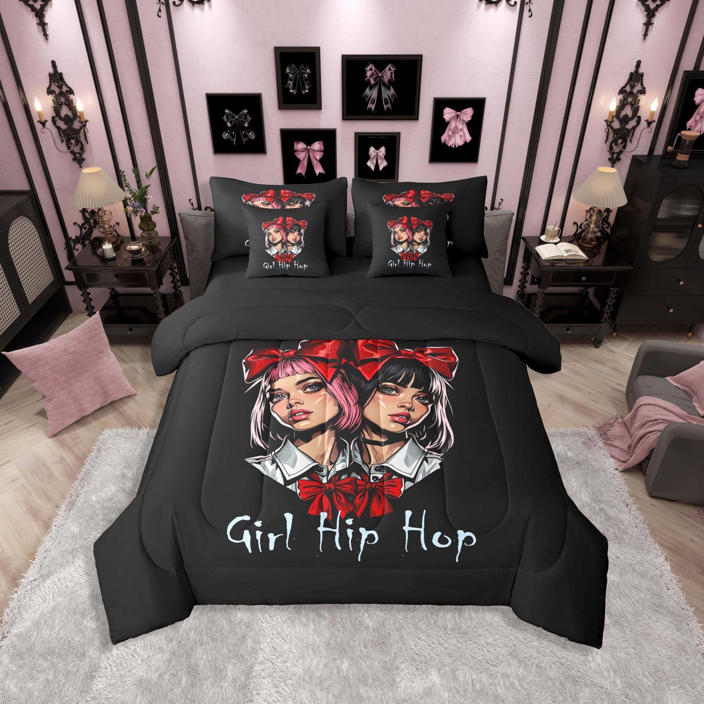 Erosebridal Cute Hip Hop Girl Twin Size Bedding Set Teens Women Red Bowtie 7 Pieces Comforter Set with Sheets Sweet Pink & Black Hair Anime Girls Bed in a Bag Funky Art Bed Sets