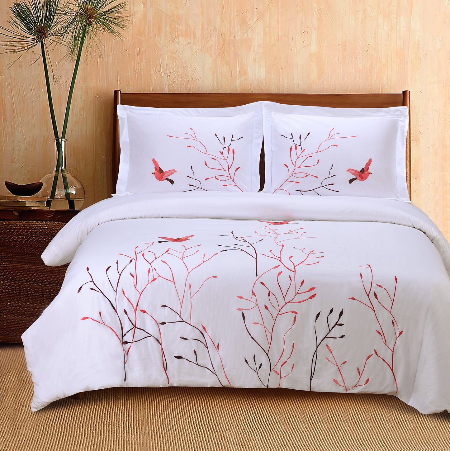 Superior Swallow Cotton 200 Thread Count Duvet Cover Set, Comforter Cover, Bed Essentials, Embroidered Tree with Birds, Includes 1 Duvet Cover- Button Closure, 2 Pillow Shams, Full/Queen, Red Swallow