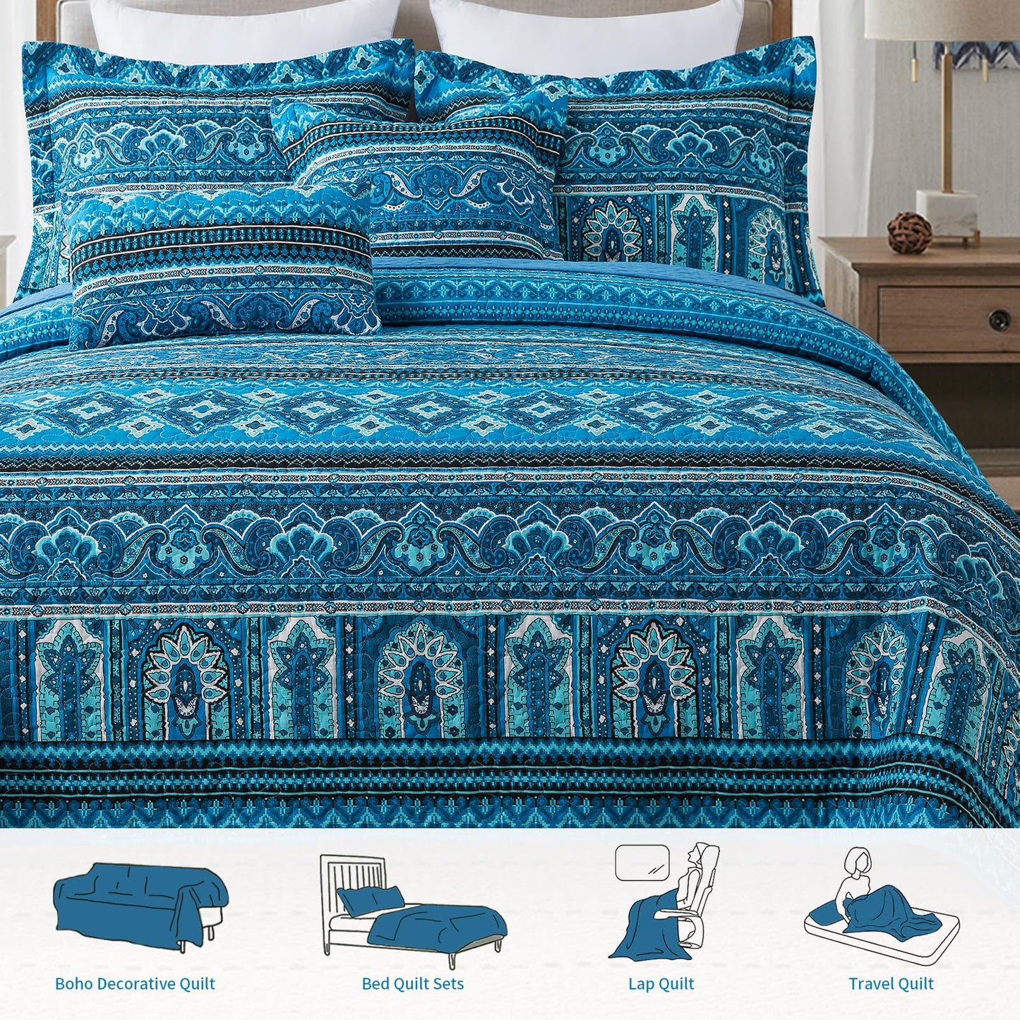 TWINRUN Cotton Quilts Queen Size, 3 Pieces Queen Quilt Bedding Set (90 x 98 Inch), Lightweight Boho Quilts Queen Size for Bed, Blue Stripes Bedspreads for All Seasons, Machine Wash