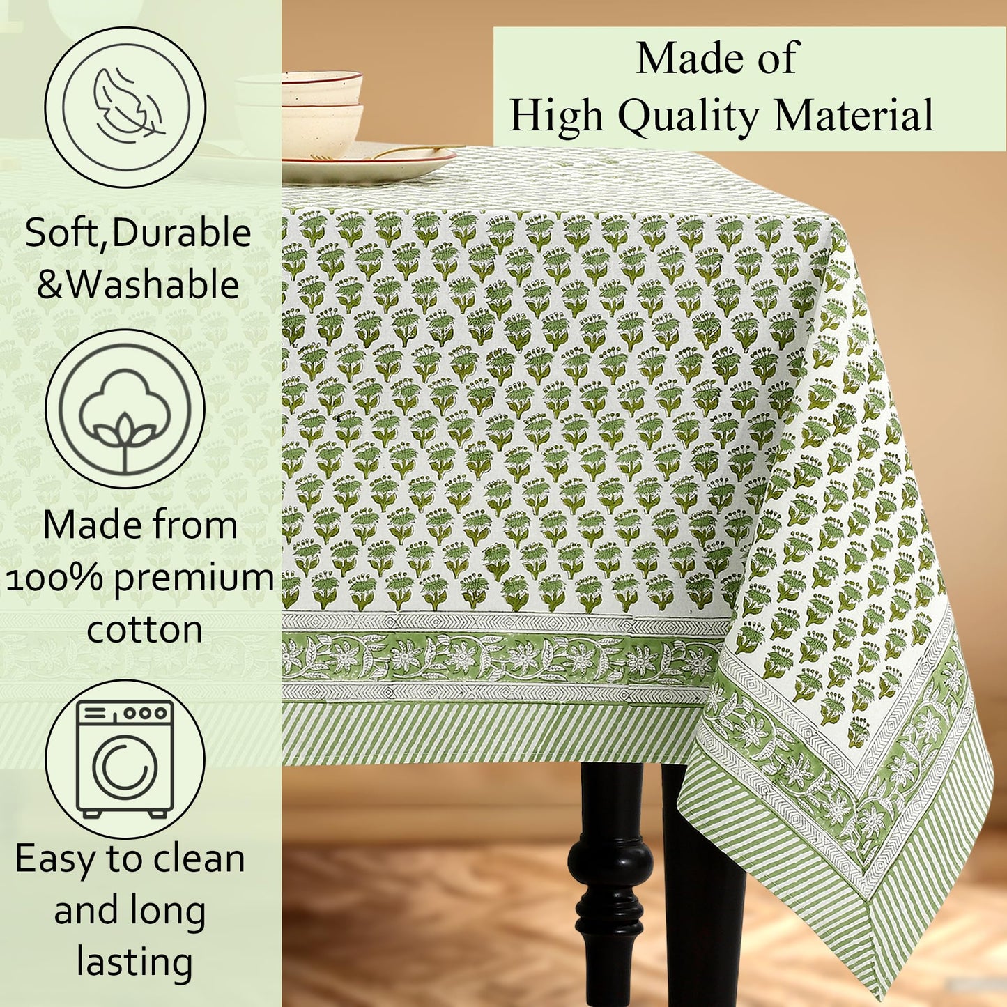 CPC Tablecloth 100% Cotton 60x60 Inch Indian Block Print Square Table Cover, Table Cloth for Weddings, Spring/Summer, Barbeque - Emerald Green
